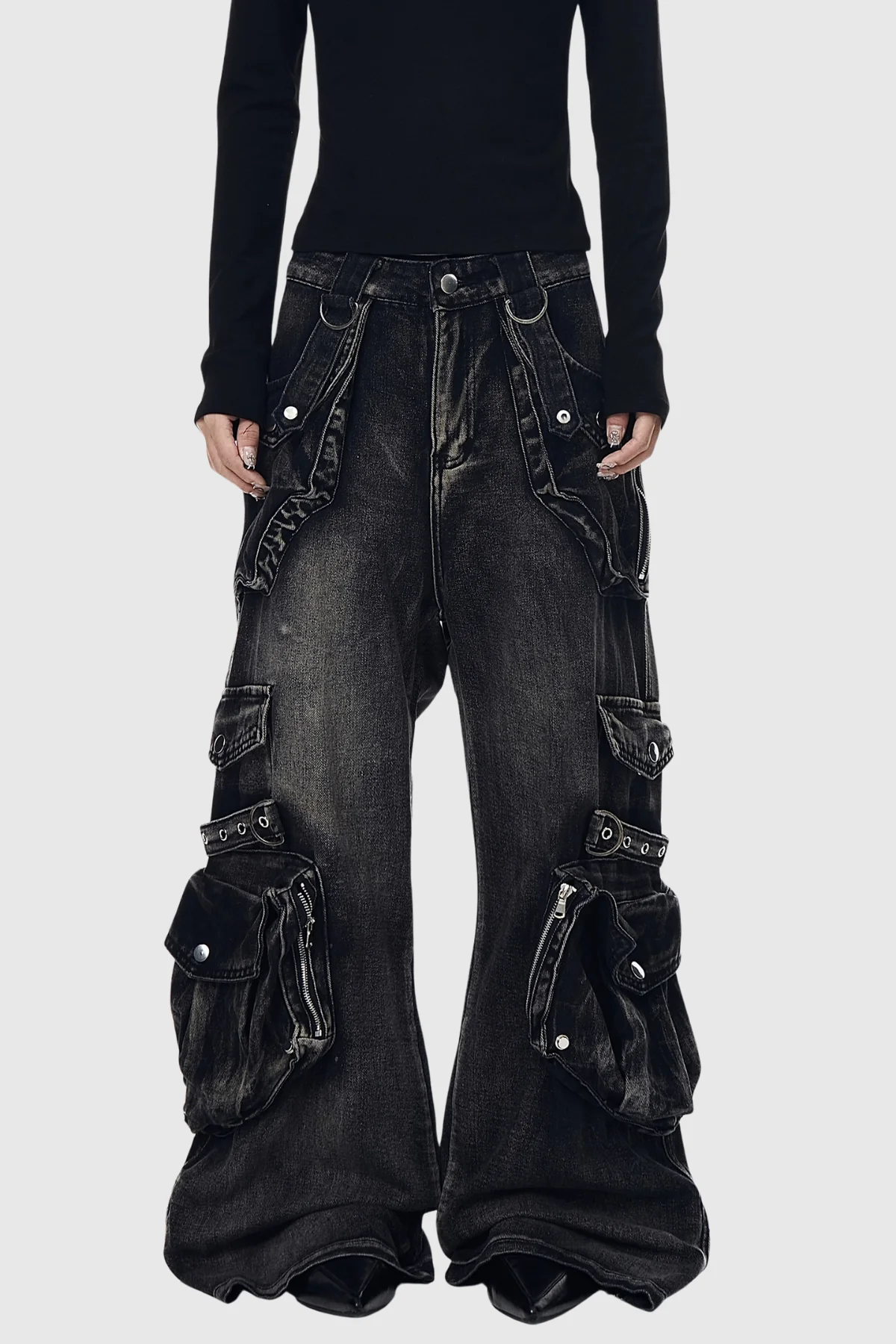 Black Bleached Denim Jeans with Pocket Details