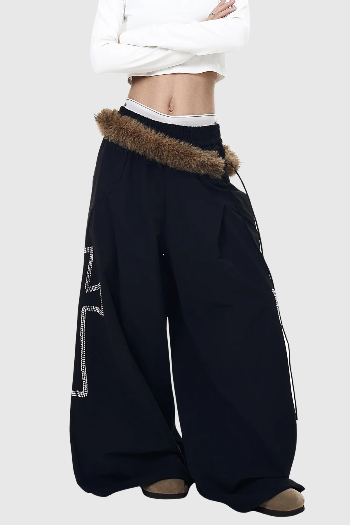 Plush Black Faux Fur Rhinestone Wide Leg Pants