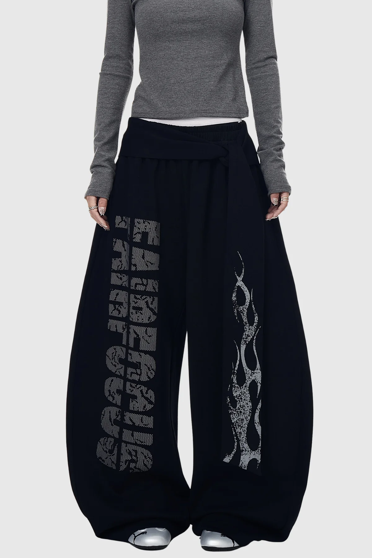 Black Tie Up Printed Baggy Pants for Stylish Comfort