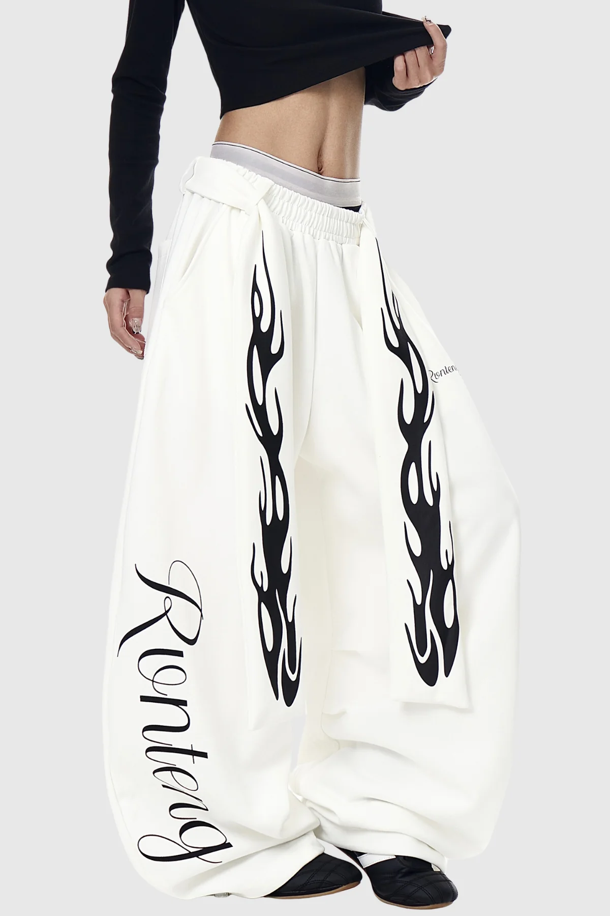 White Print Tie-Up Casual Pants for Women