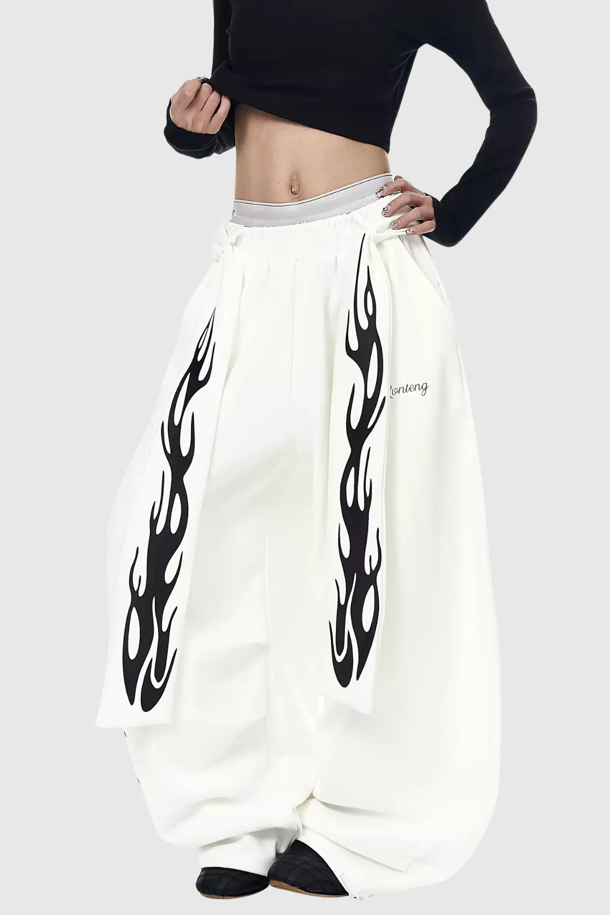 White Print Tie-Up Casual Pants for Women
