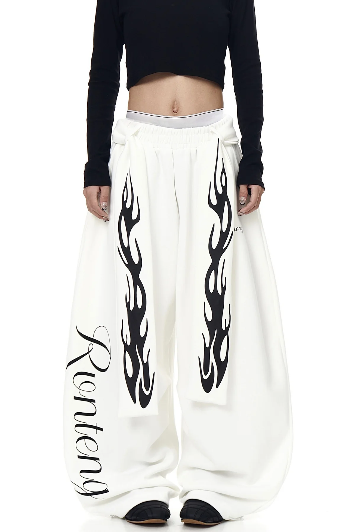 White Print Tie-Up Casual Pants for Women