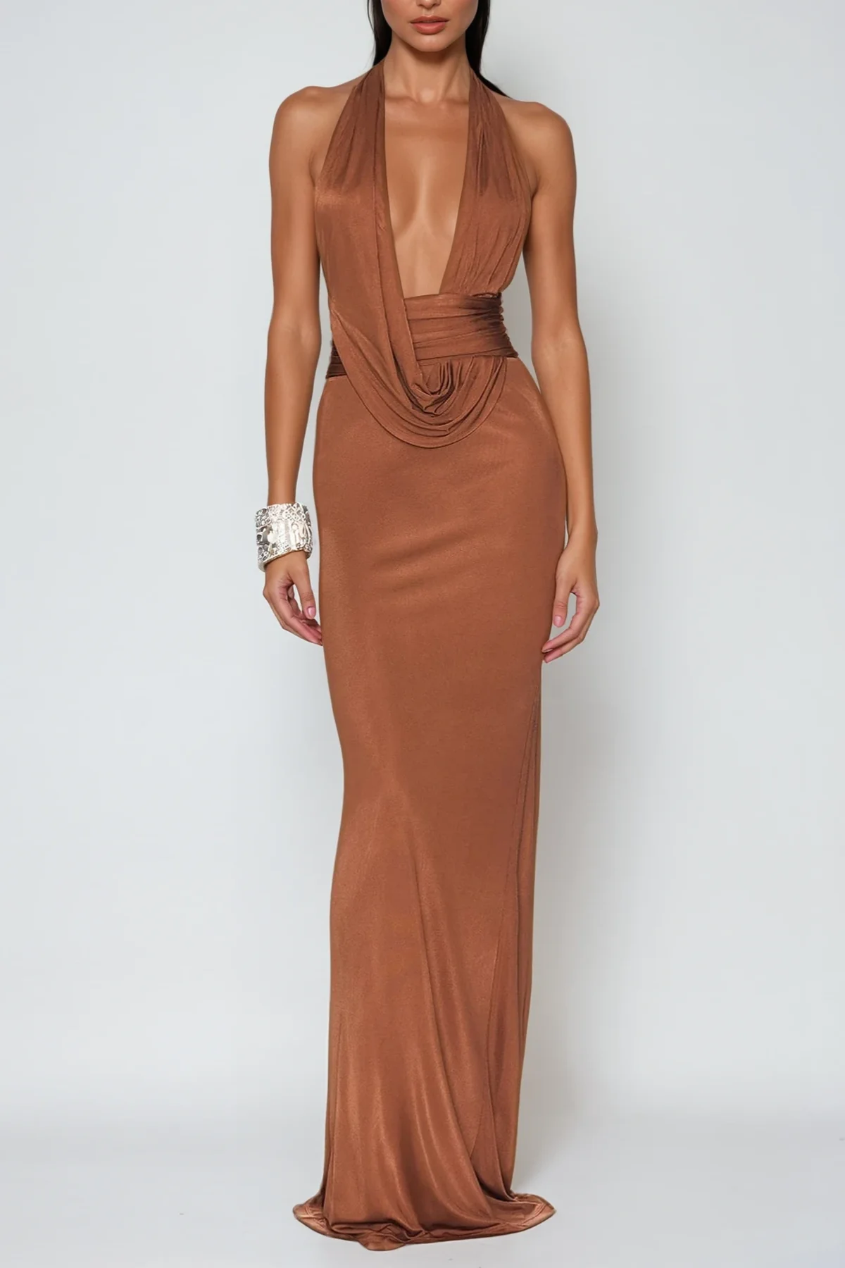 Brown Ruched Maxi Dress with Plunge Back