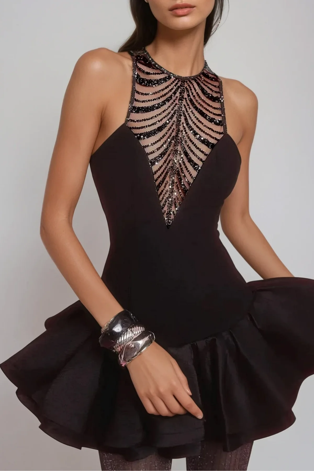 Sequin Cutout Puffy Mini Dress in Black - Elegant Evening Wear