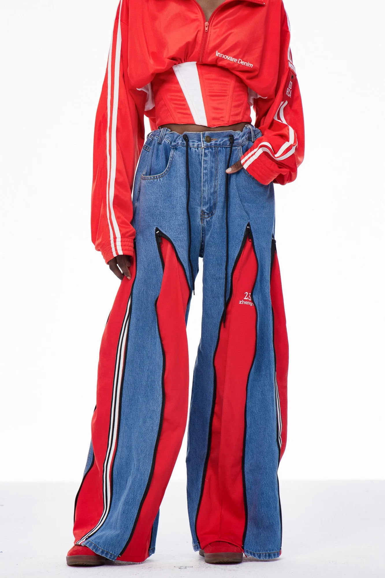 Red Wide Leg Deconstructed Jeans