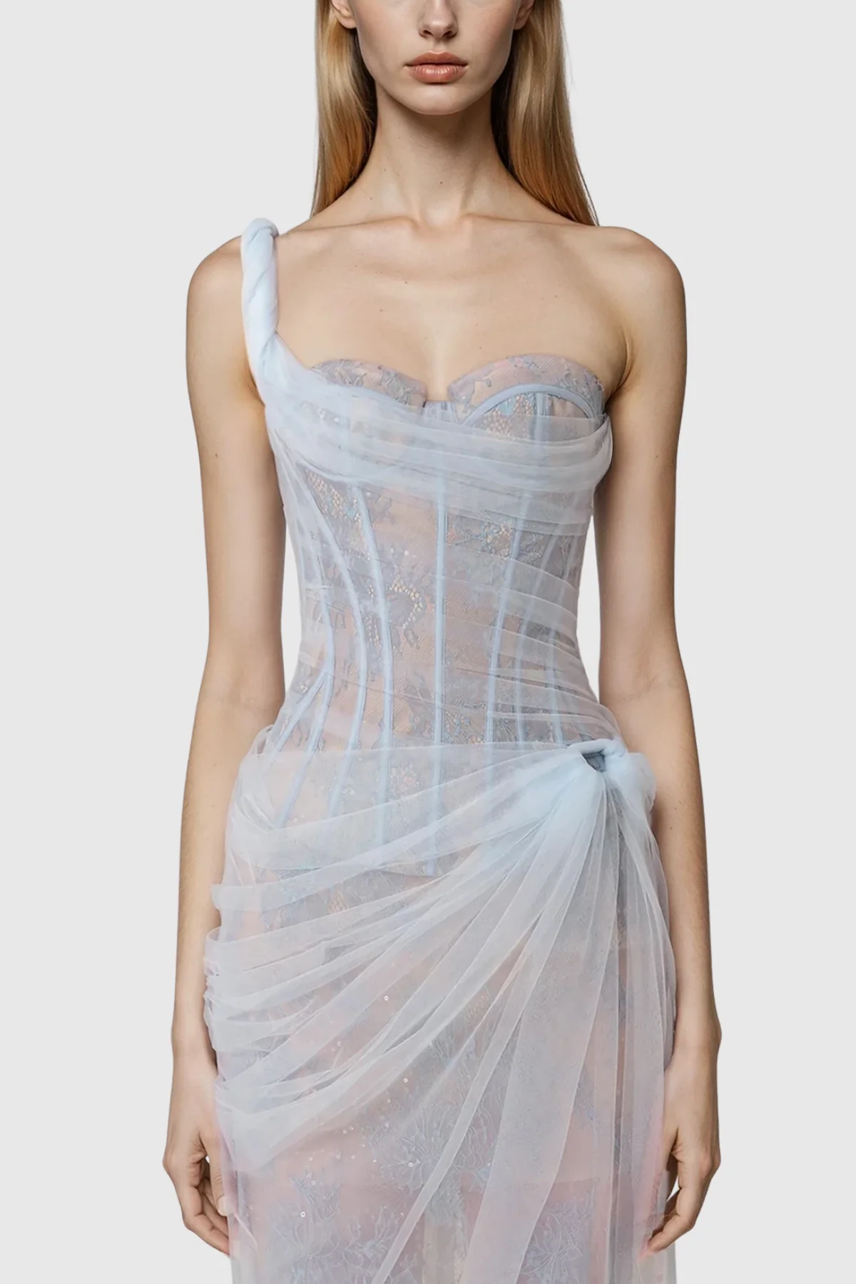 Blue Mesh One Shoulder Corset Maxi Dress - Sophisticated Style