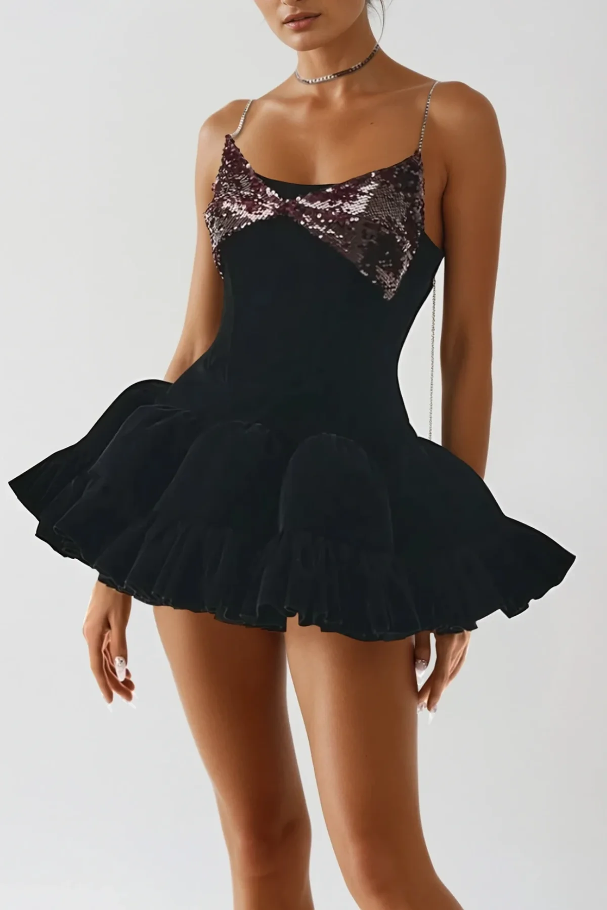Black Sequin Puffy Mini Dress - Sophisticated Evening Wear