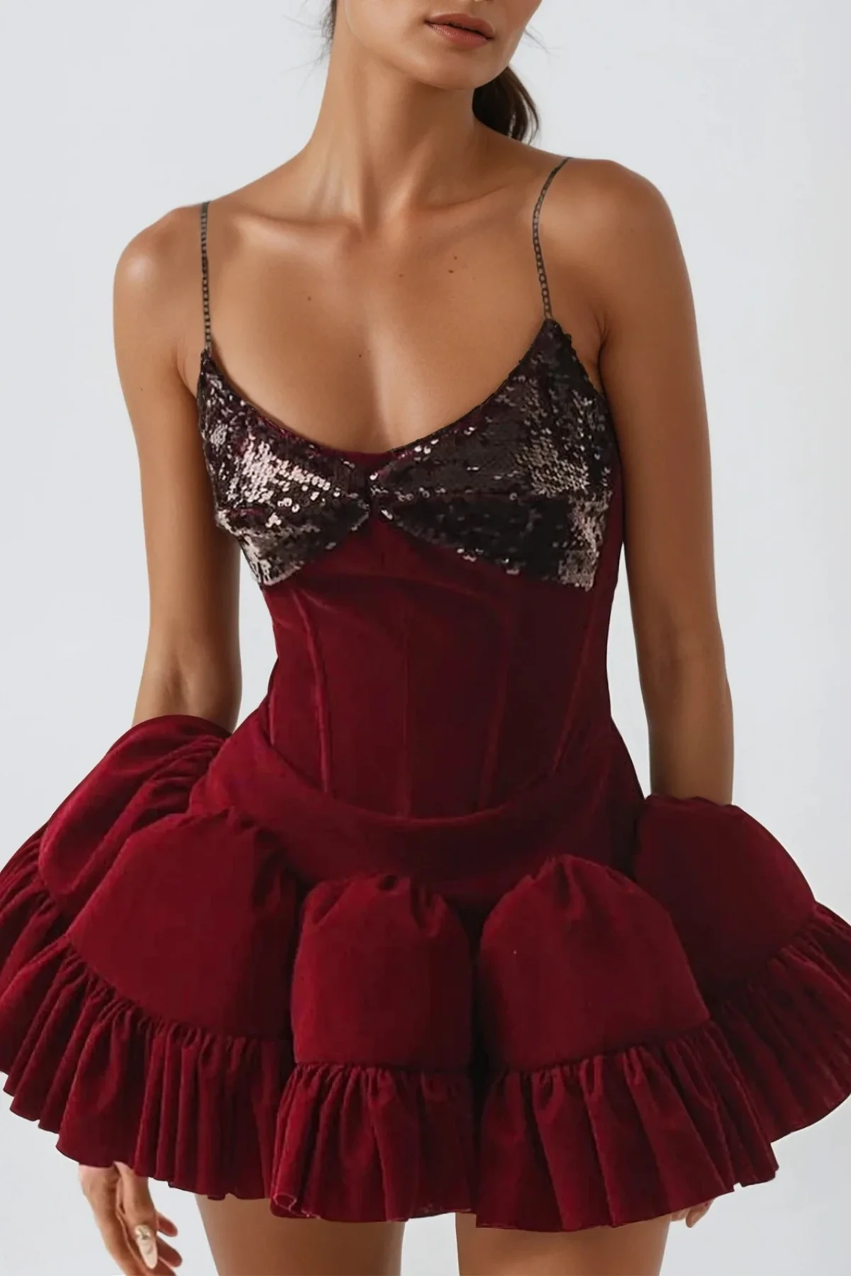 Red Sequin Puffy Mini Dress with Spaghetti Straps