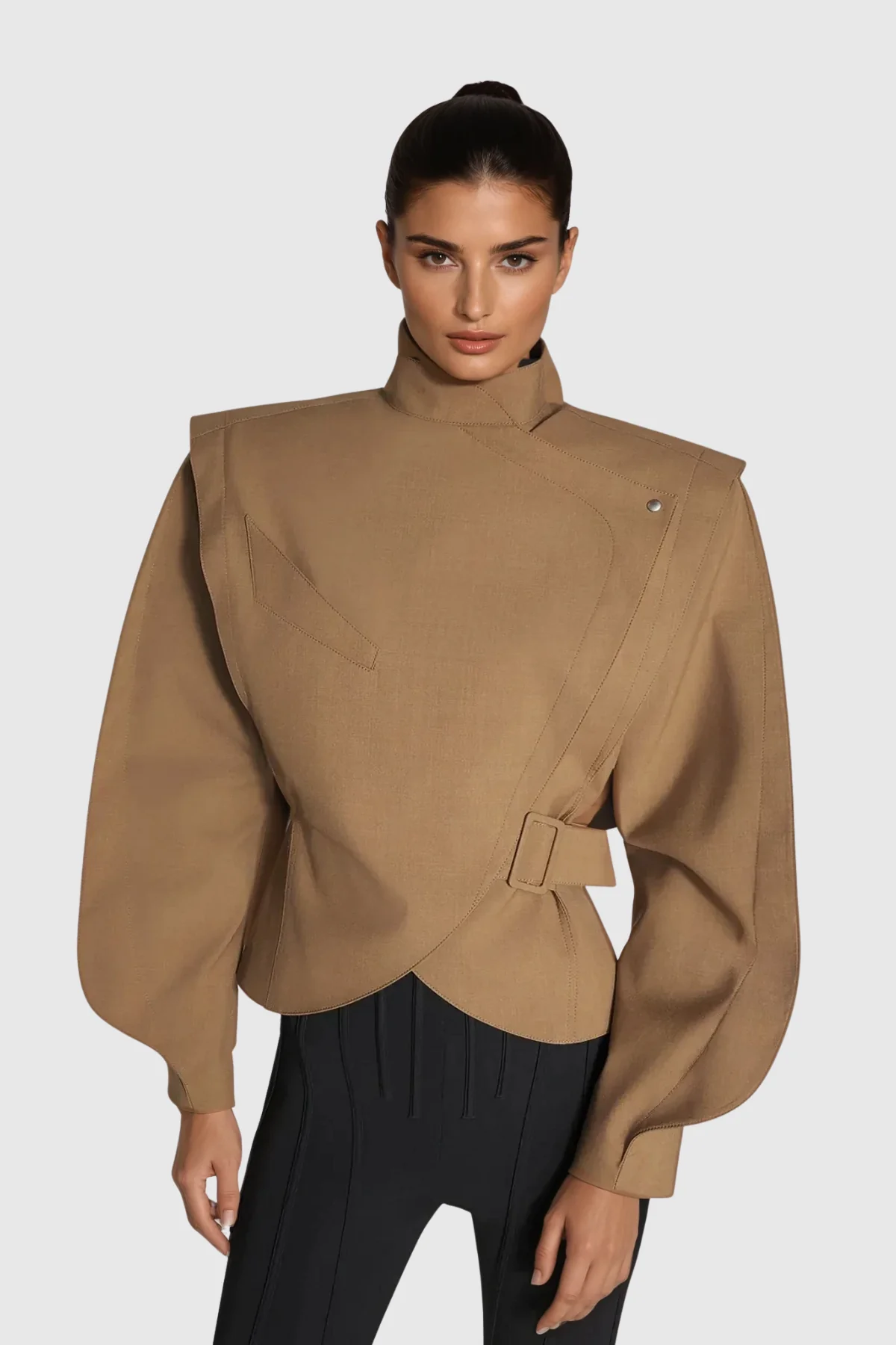 Khaki Balloon Sleeve Jacket for Stylish Urban Edge (Focus Keyword: Jacket)