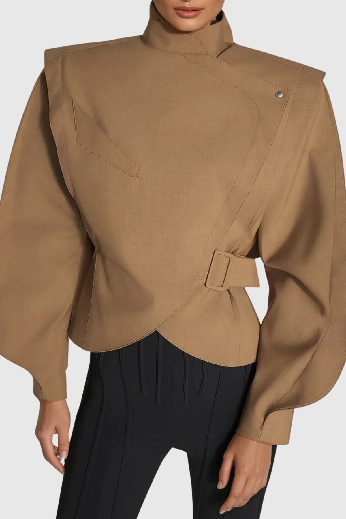 Khaki Balloon Sleeve Jacket for Stylish Urban Edge (Focus Keyword: Jacket)