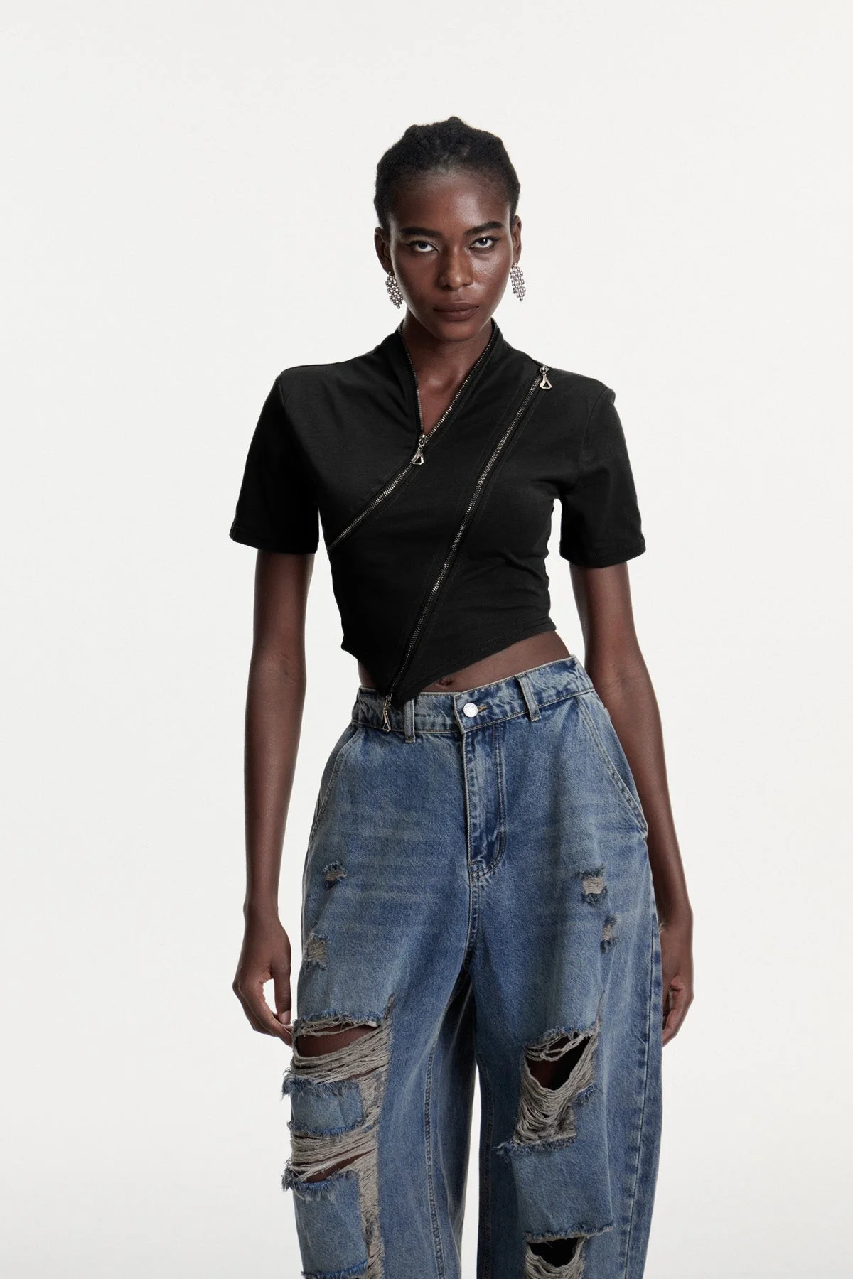 Black Deconstruct Zipper T-Shirt for Modern Style