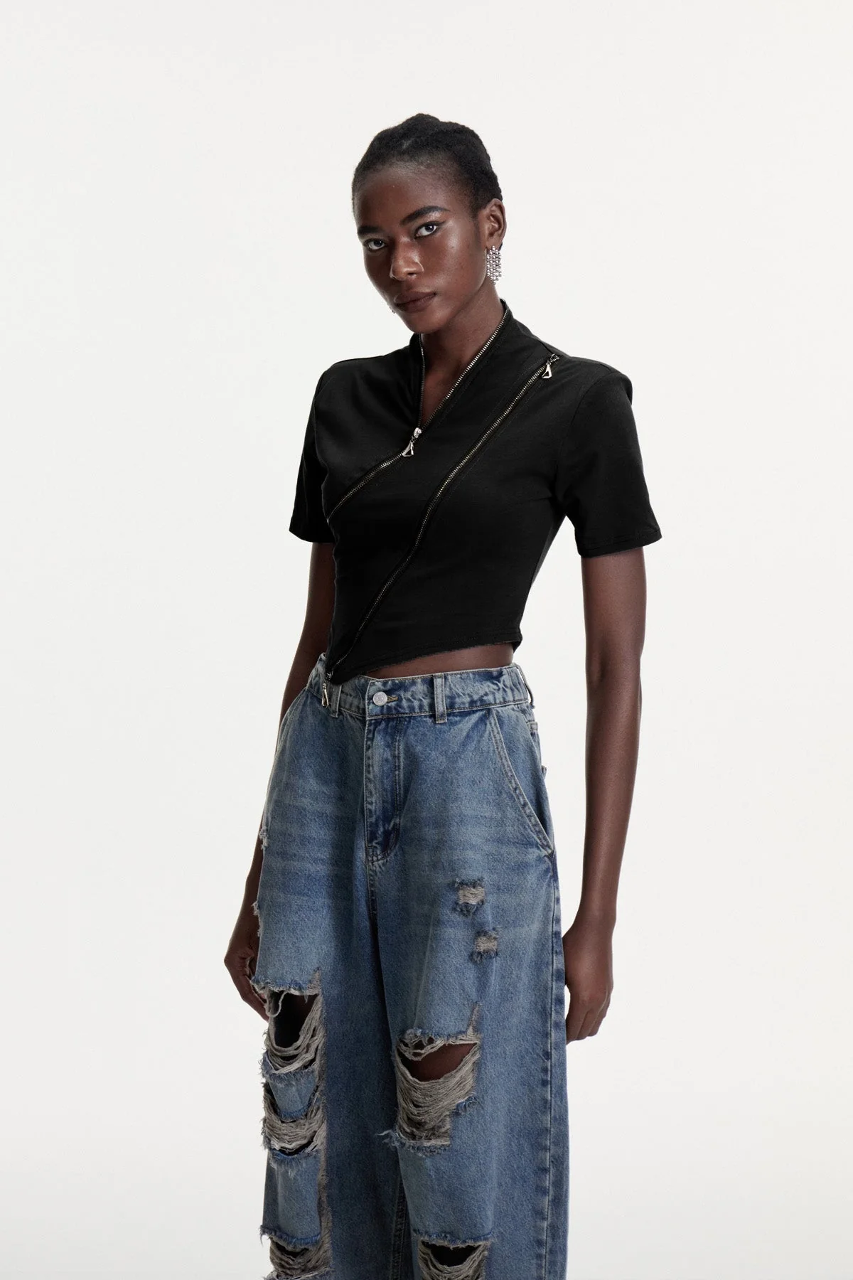 Black Deconstruct Zipper T-Shirt for Modern Style