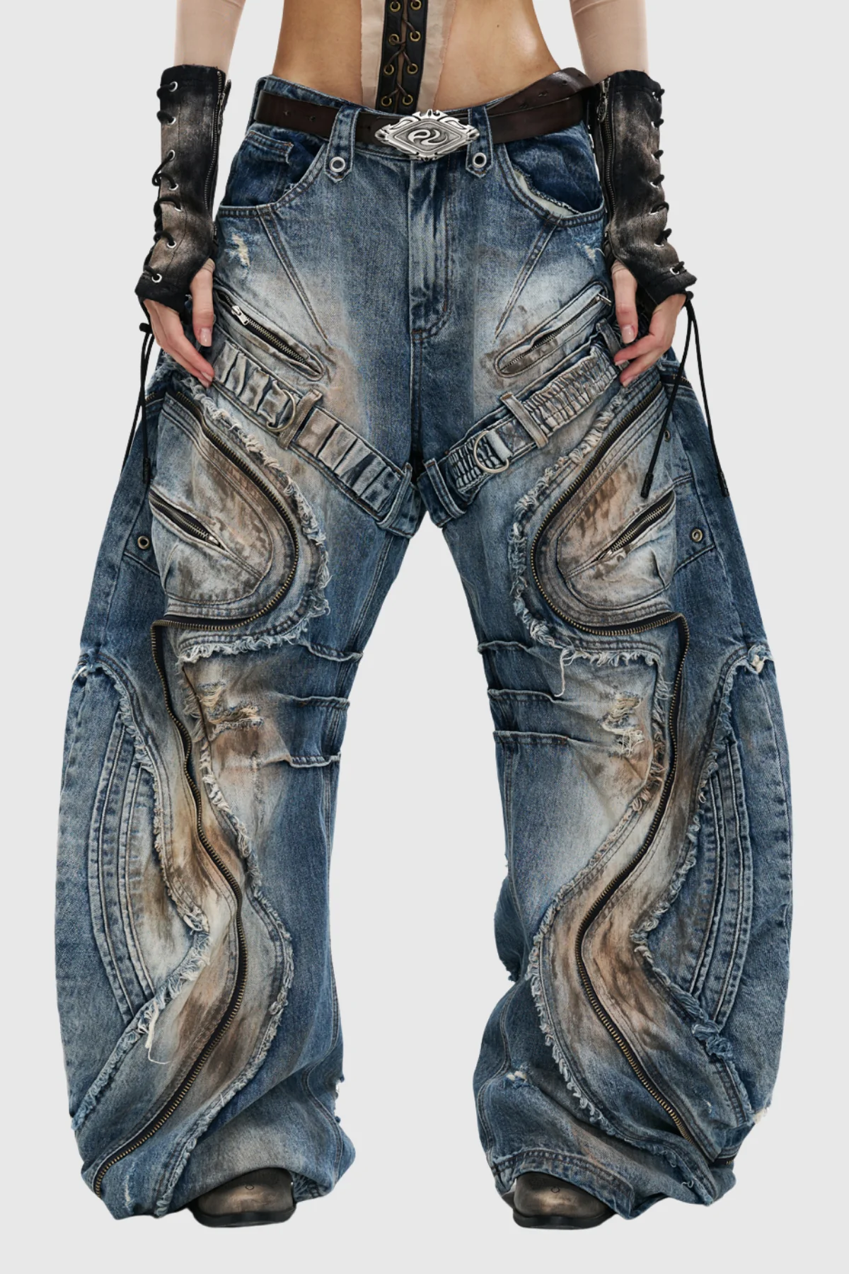 Bleached Baggy Jeans Mens Zipper Detail Contemporary Fit