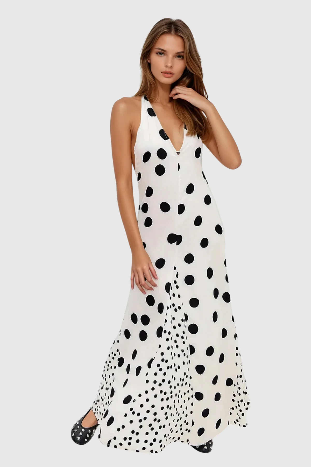 White Polka Dot Halter Maxi Dress