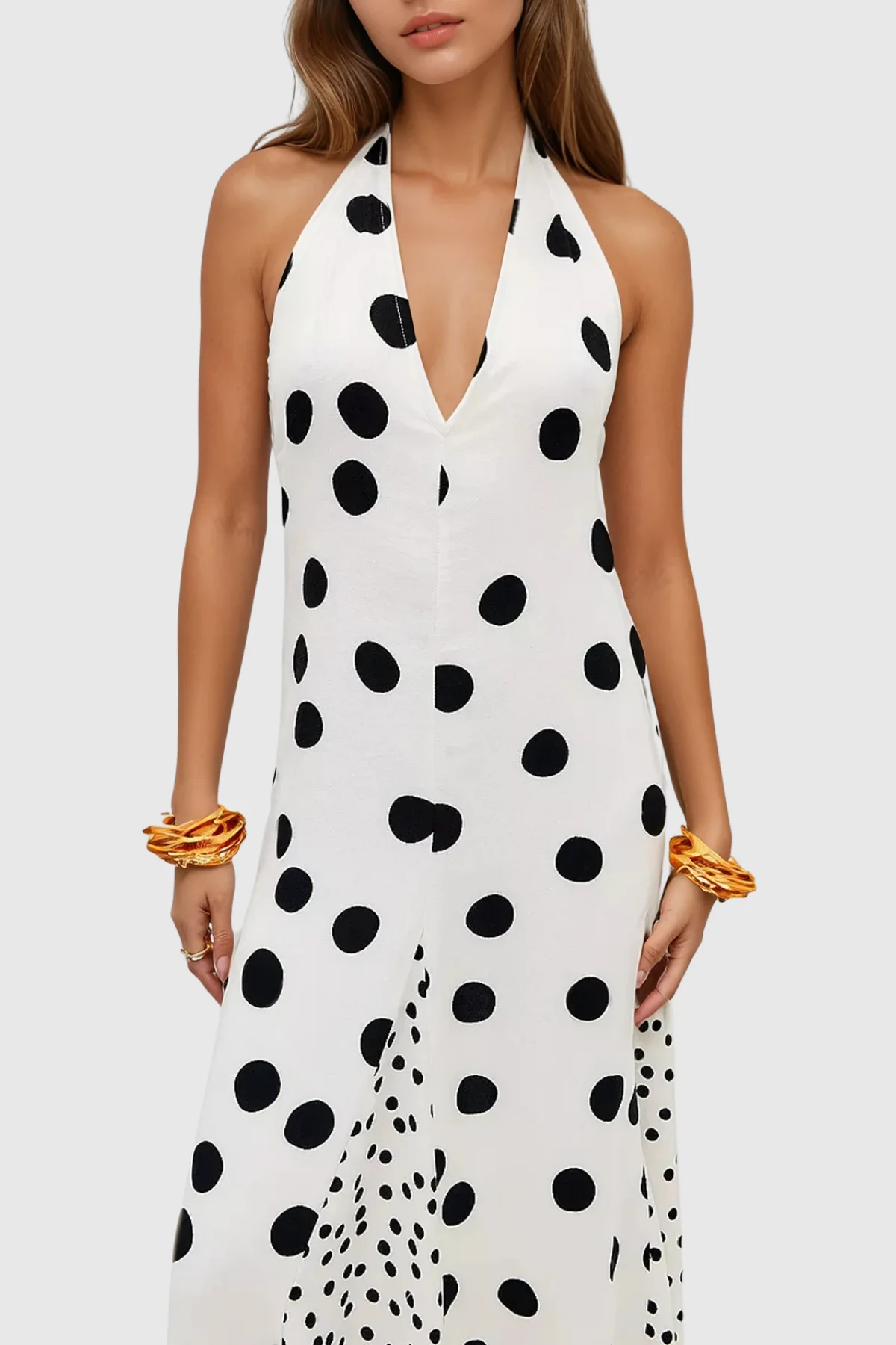 White Polka Dot Halter Maxi Dress