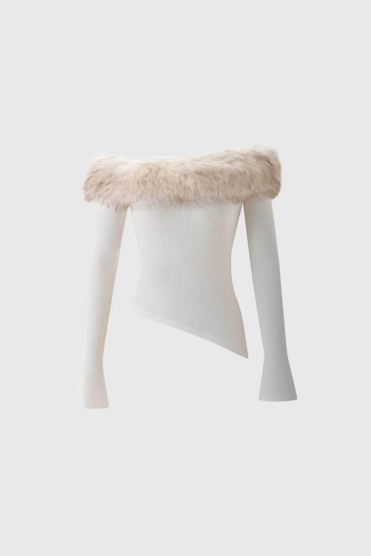 White Faux Fur Off Shoulder Top for Women