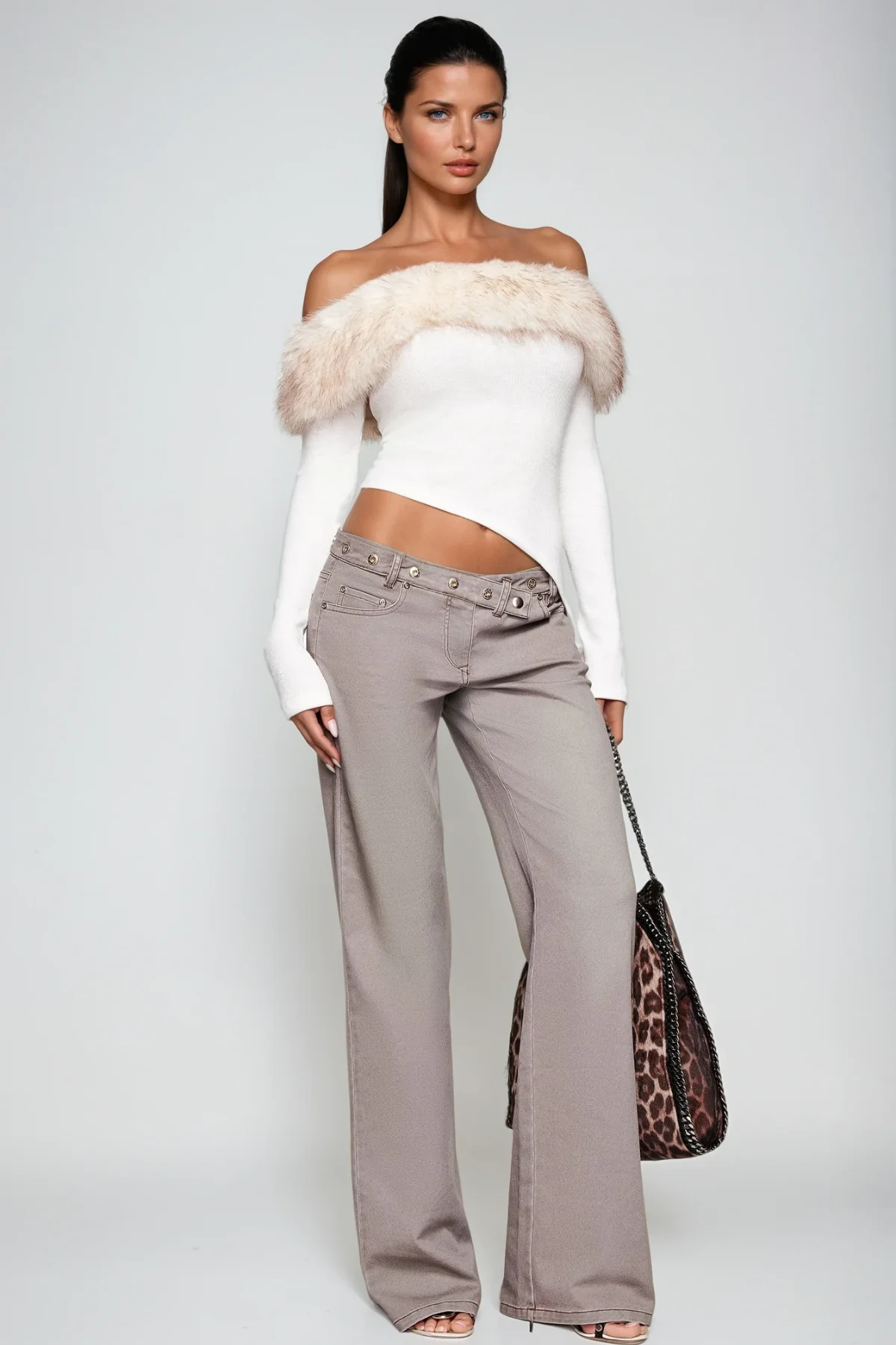 White Faux Fur Off Shoulder Top for Women