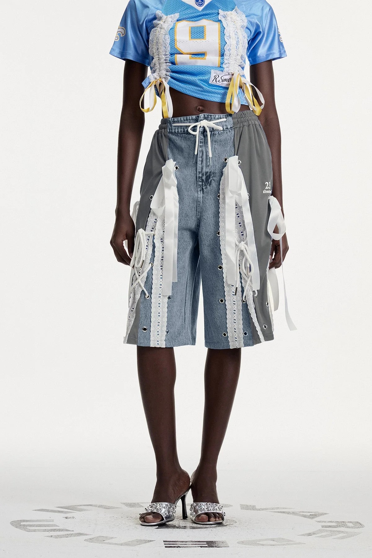 Grey Deconstruct Lace-Up Midi Denim Jeans