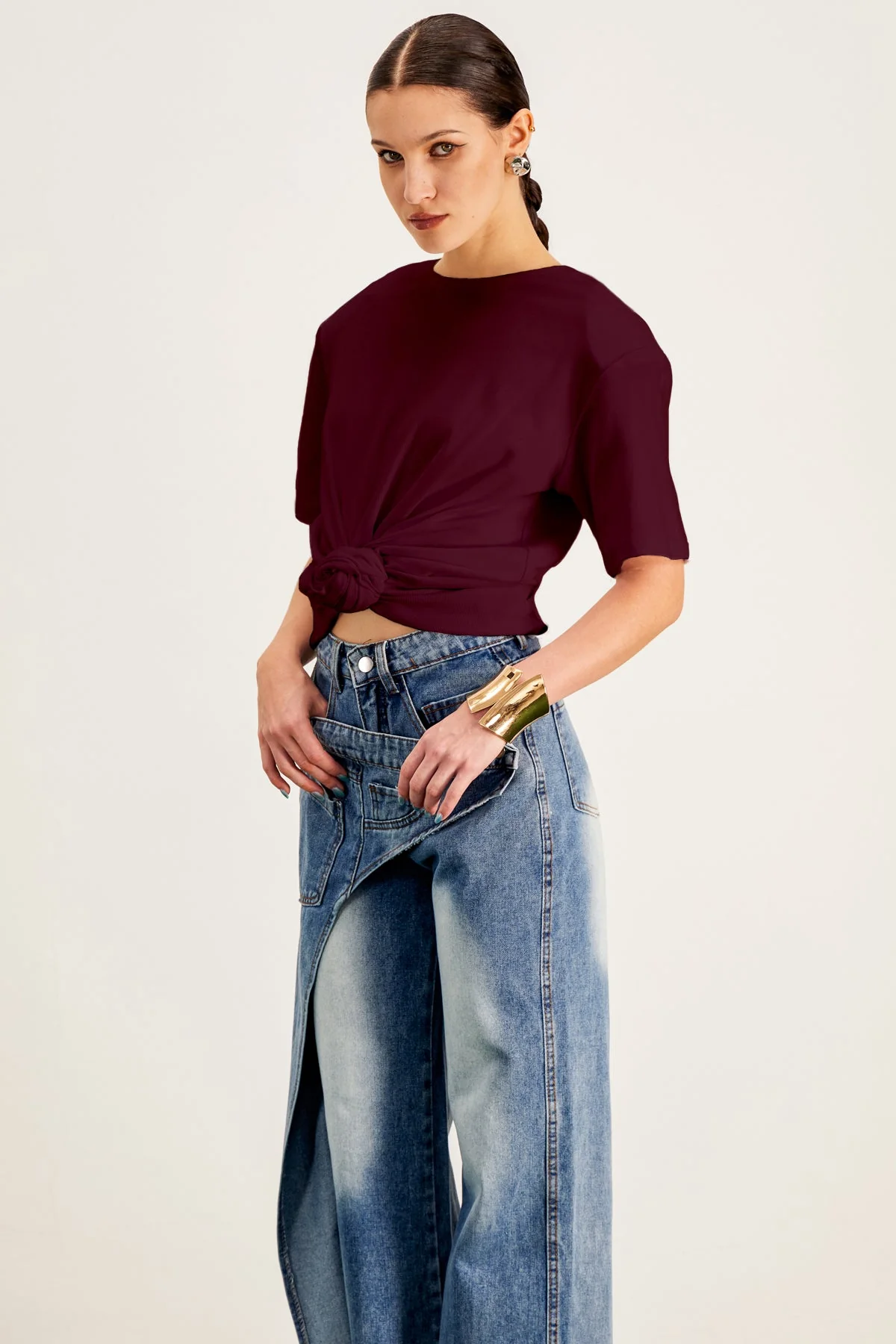 Red Ruched Twist T-Shirt for Women