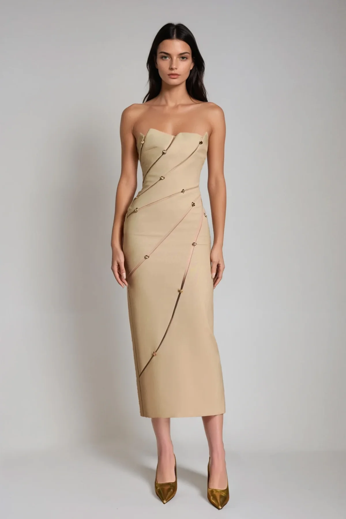 Strapless Asymmetric Maxi Dress in Elegant Khaki