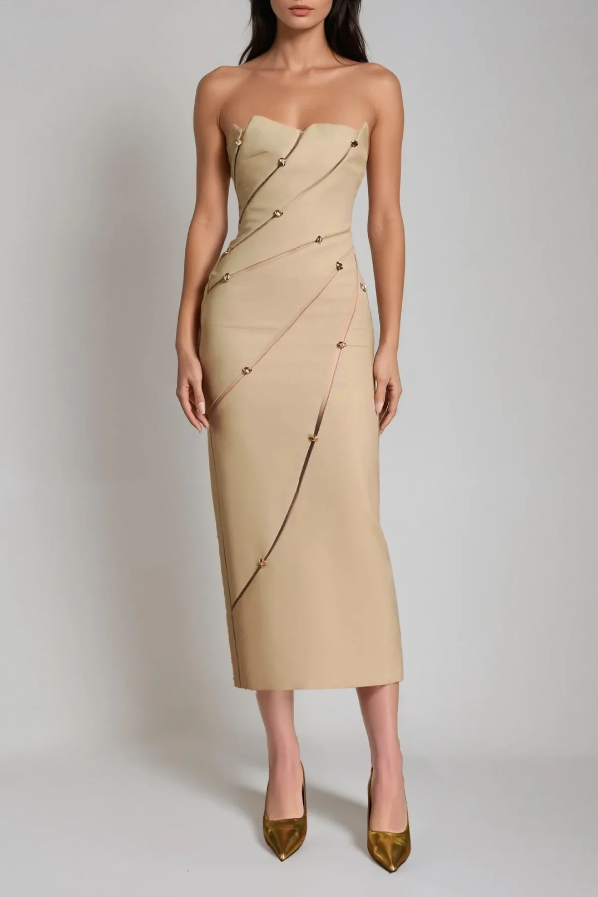 Strapless Asymmetric Maxi Dress in Elegant Khaki