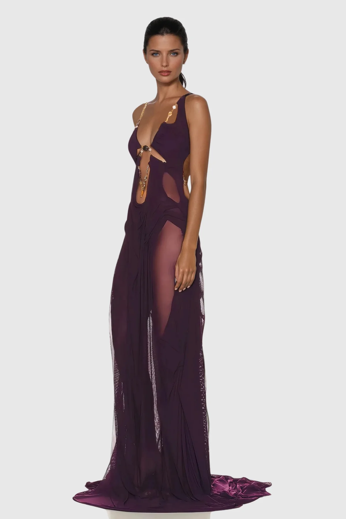 Asymmetric Deep Purple Maxi Dress with Plunge Chain Detail