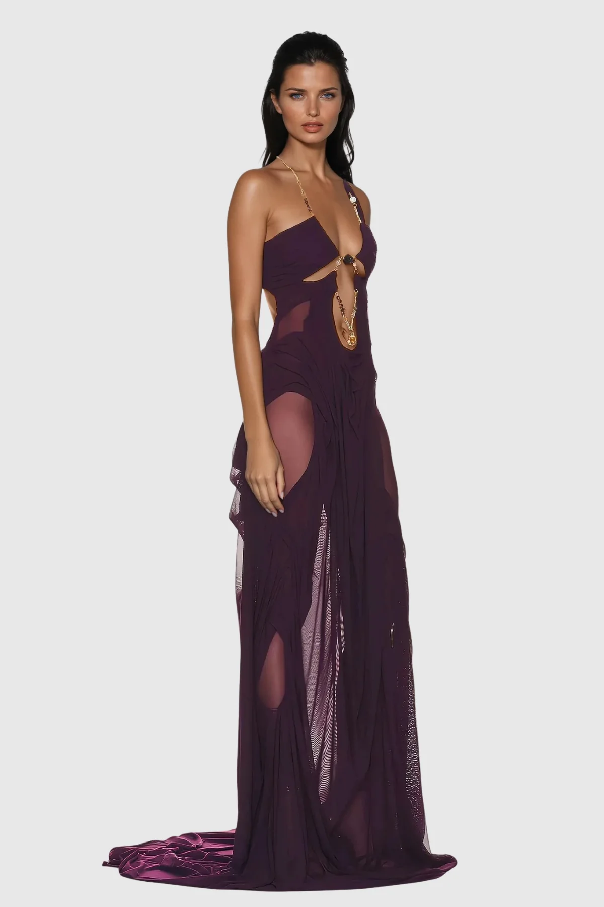 Asymmetric Deep Purple Maxi Dress with Plunge Chain Detail