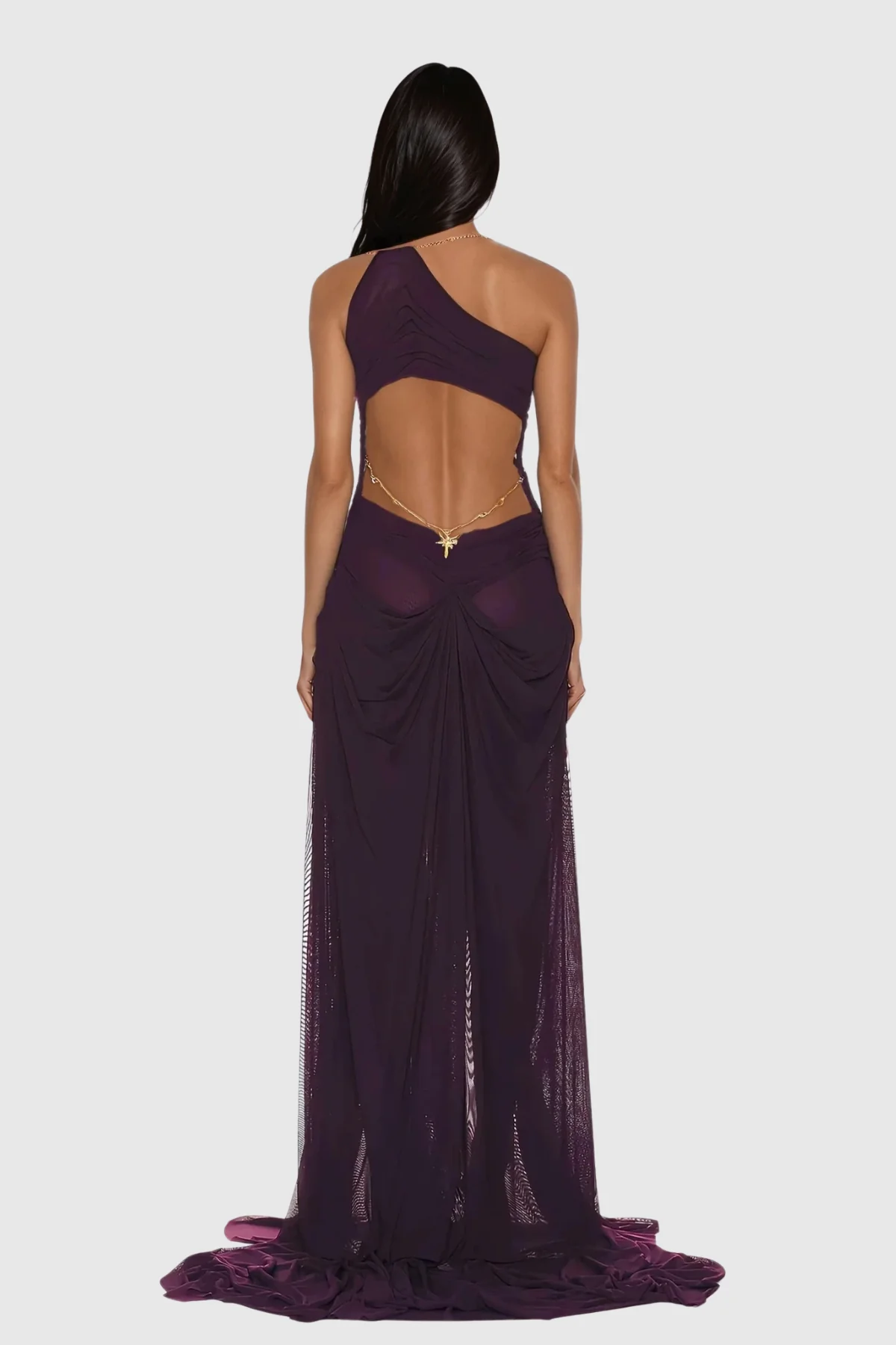 Asymmetric Deep Purple Maxi Dress with Plunge Chain Detail