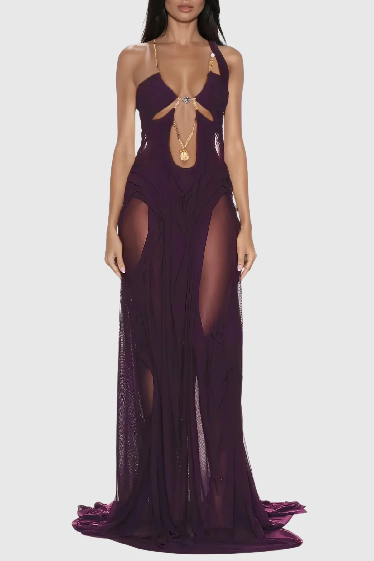Asymmetric Deep Purple Maxi Dress with Plunge Chain Detail