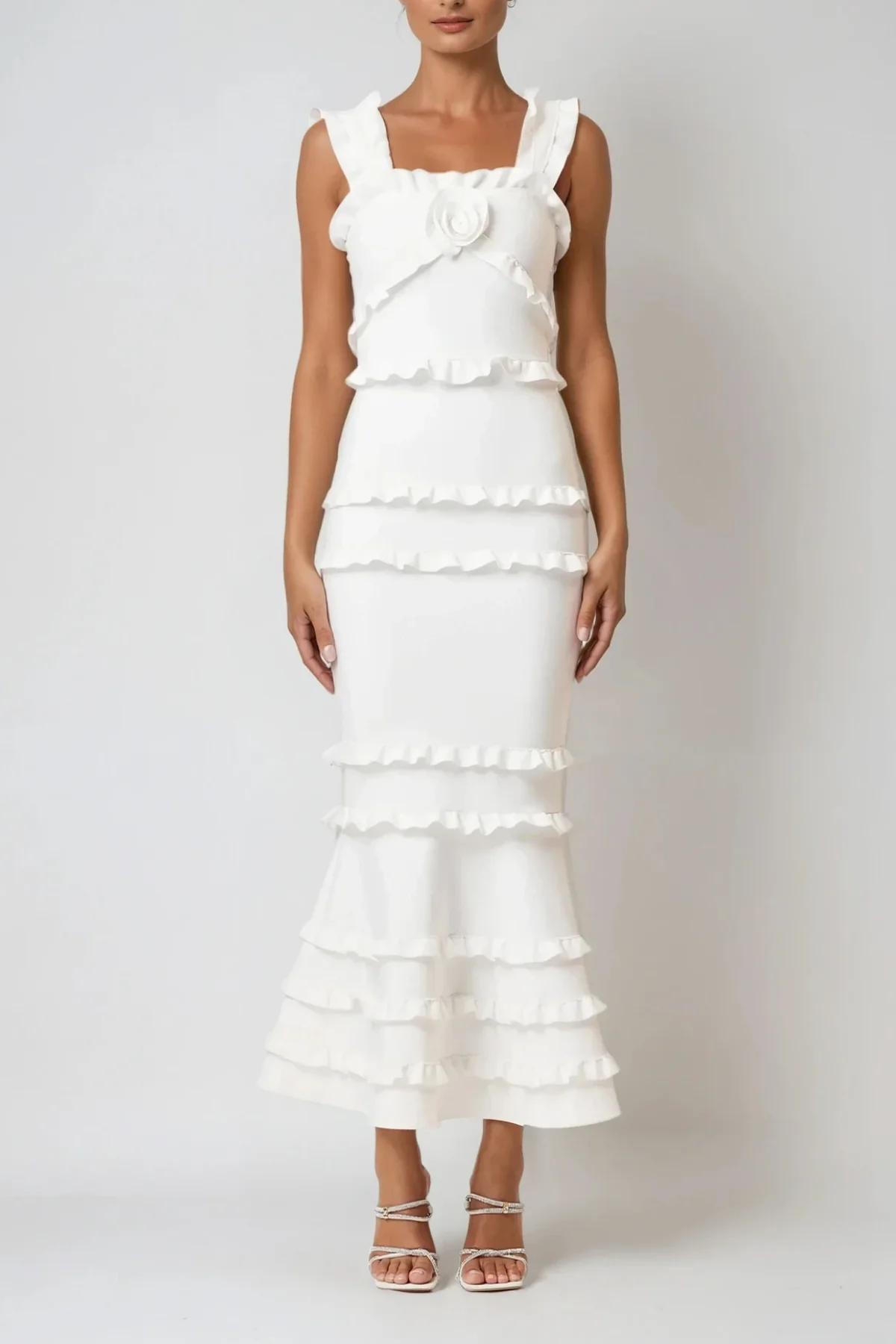 White Floral Ruffle Maxi Dress with Elegant Design