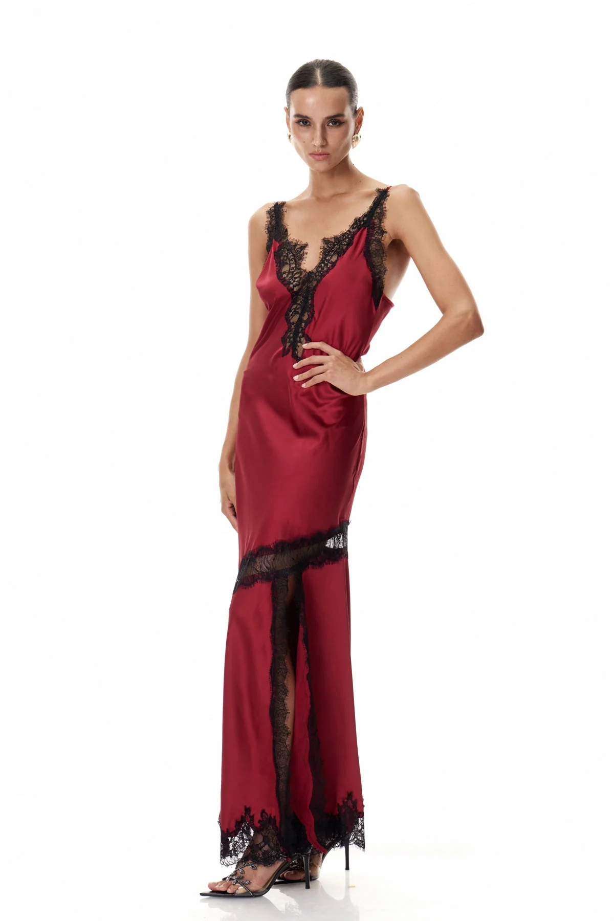 Red Lace Plunge Satin Maxi Dress - Elegant Formal Evening Attire