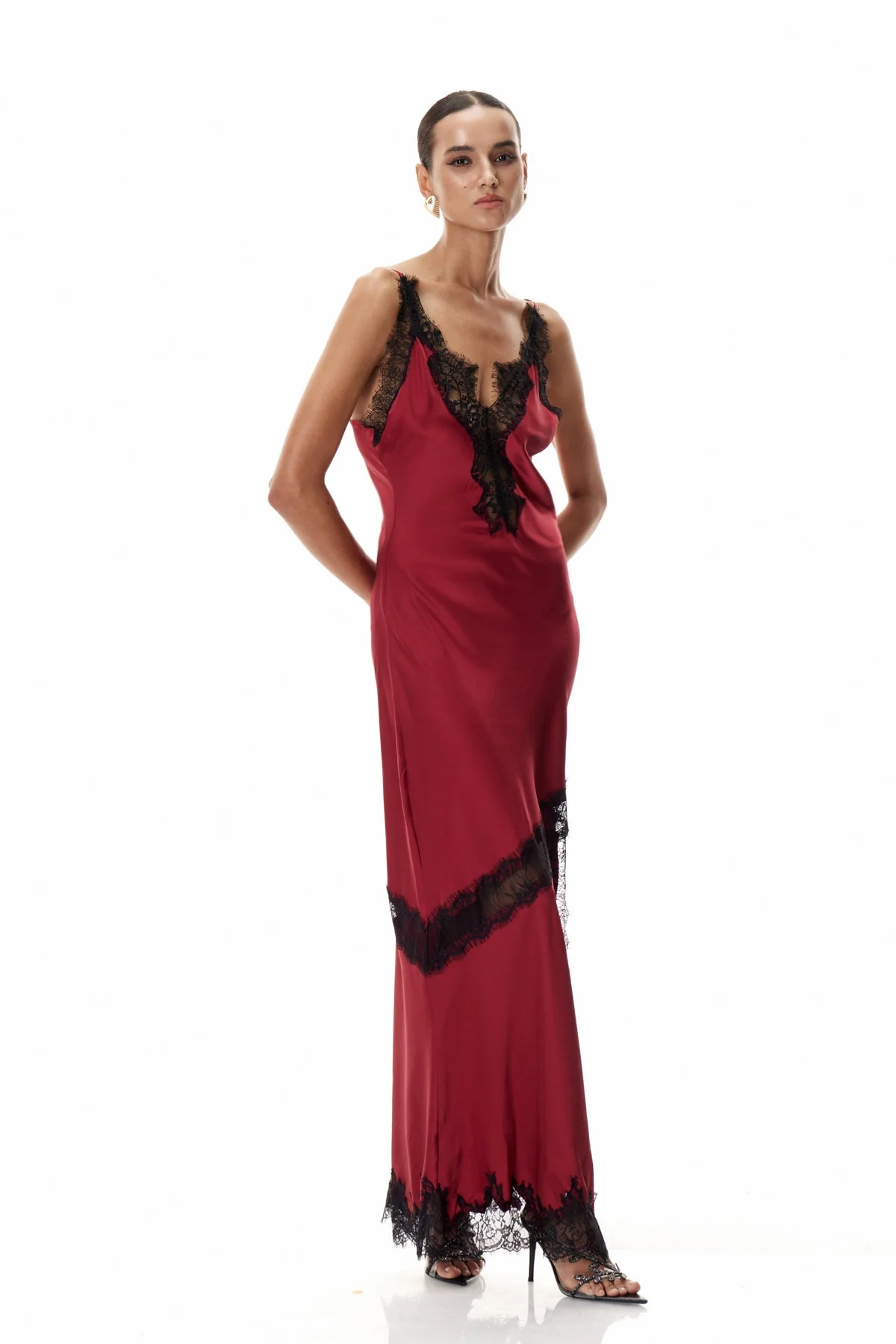 Red Lace Plunge Satin Maxi Dress - Elegant Formal Evening Attire