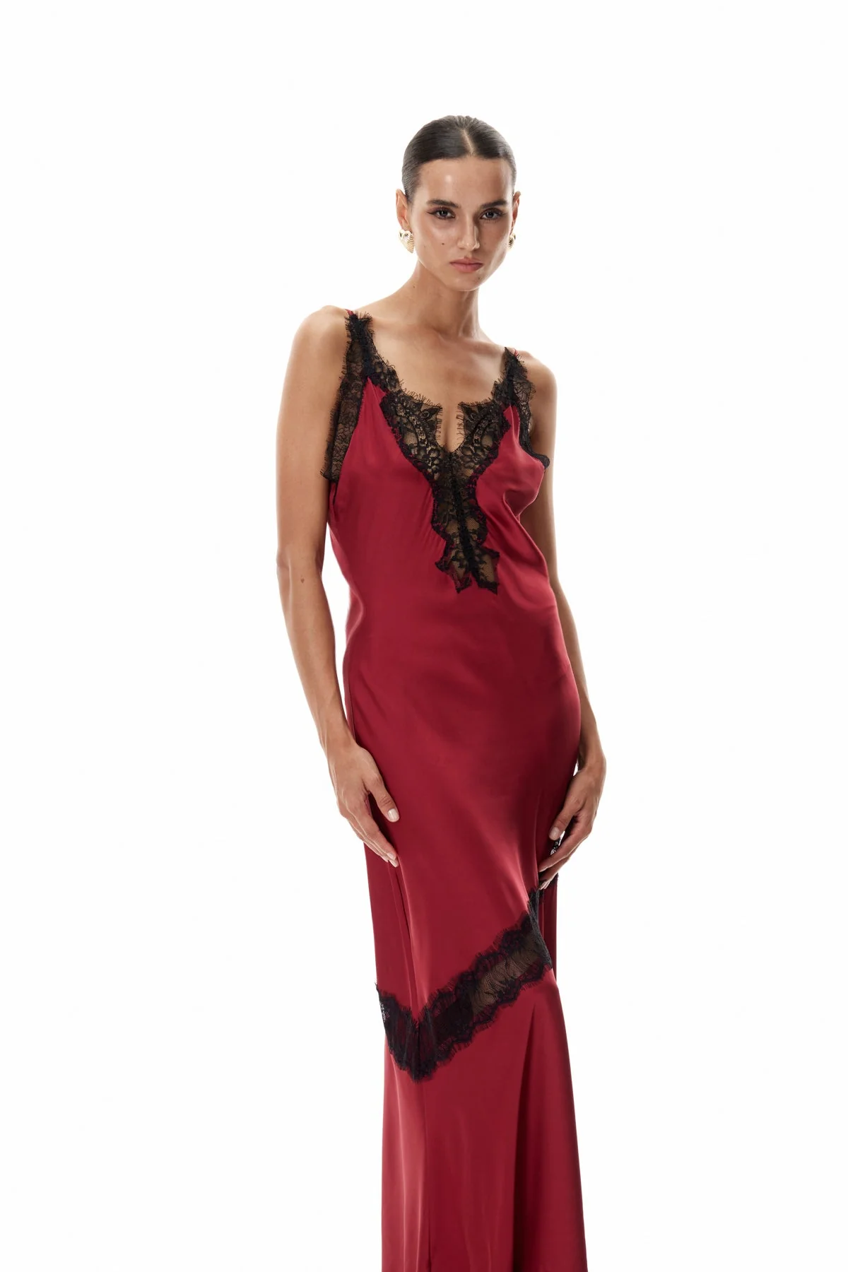 Red Lace Plunge Satin Maxi Dress - Elegant Formal Evening Attire