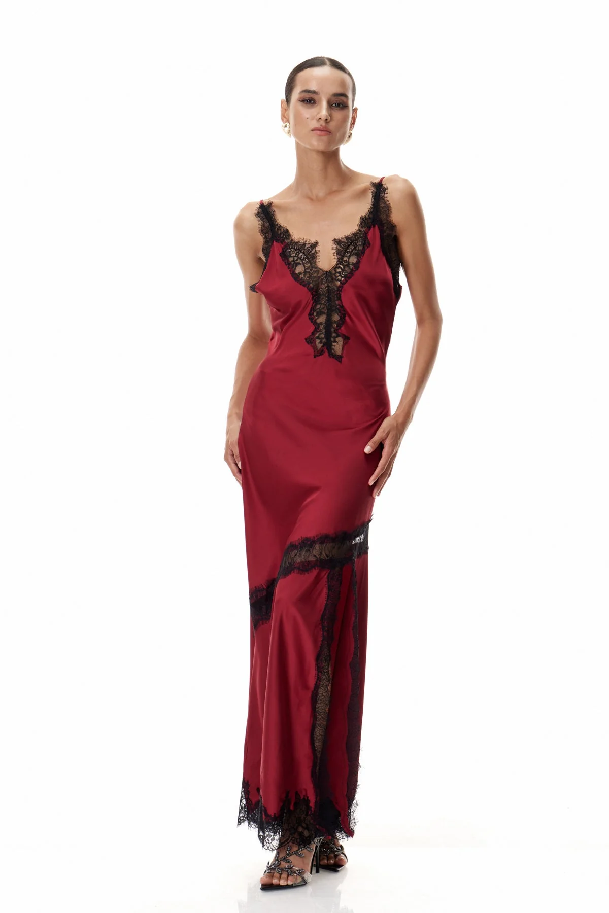 Red Lace Plunge Satin Maxi Dress - Elegant Formal Evening Attire