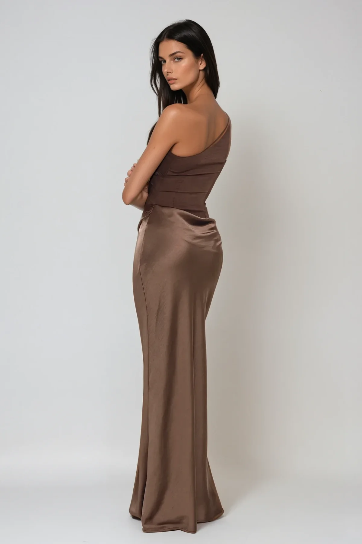 Brown Satin One-Shoulder Maxi Dress