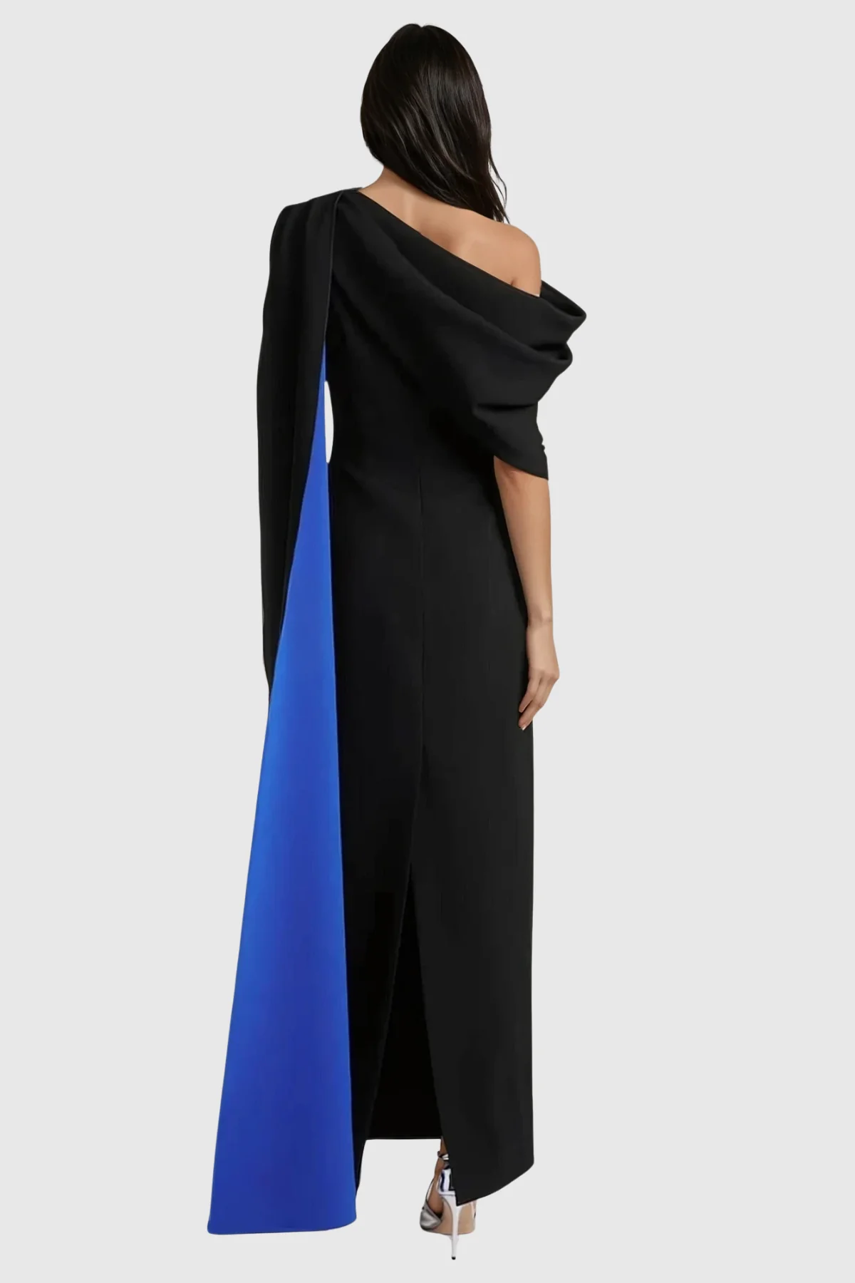 Black Shawl Ruch Asymmetric Midi Dress - Elegant Formal Attire