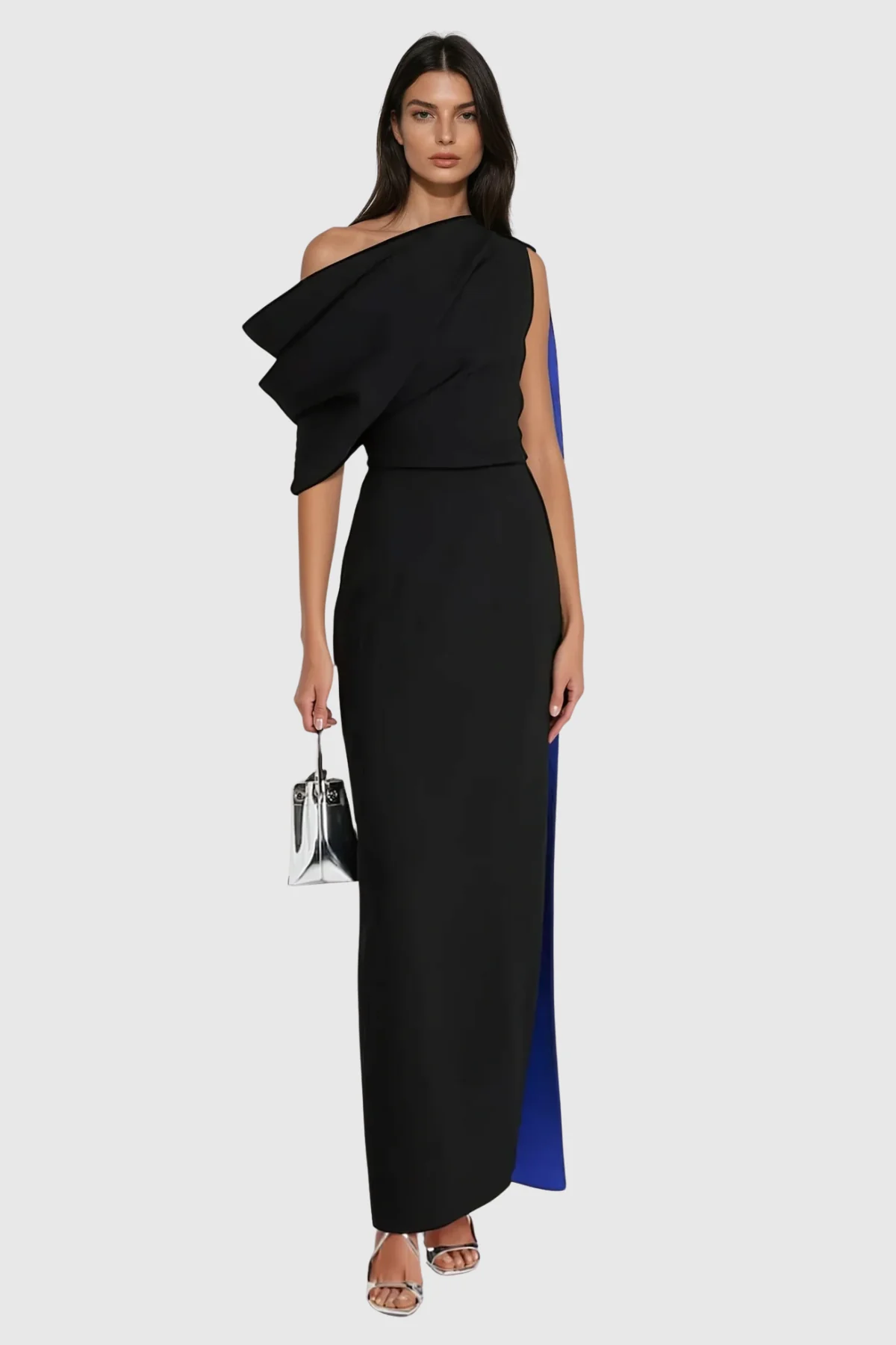 Black Shawl Ruch Asymmetric Midi Dress - Elegant Formal Attire