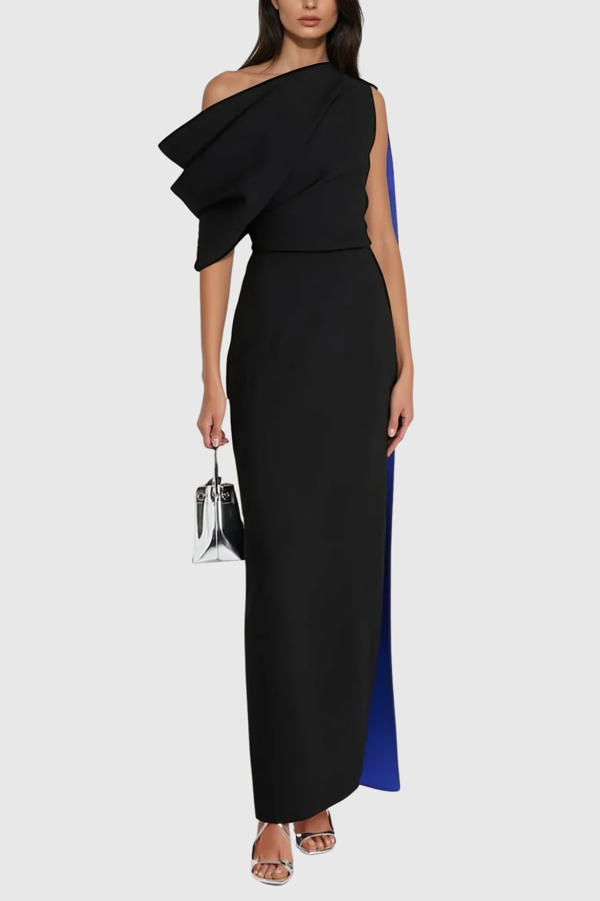 Black Shawl Ruch Asymmetric Midi Dress - Elegant Formal Attire