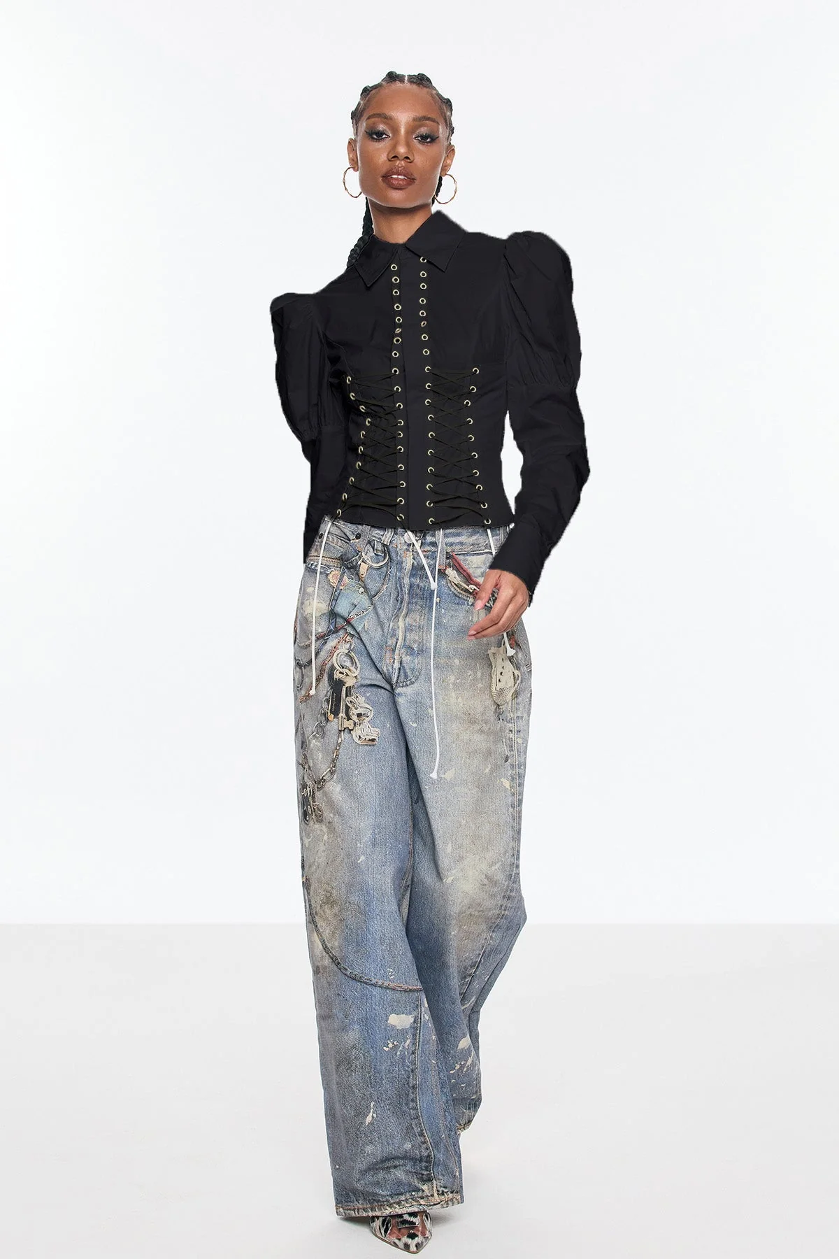 Elegant Black Lace-Up Puff Sleeve Top - Belvedere Style