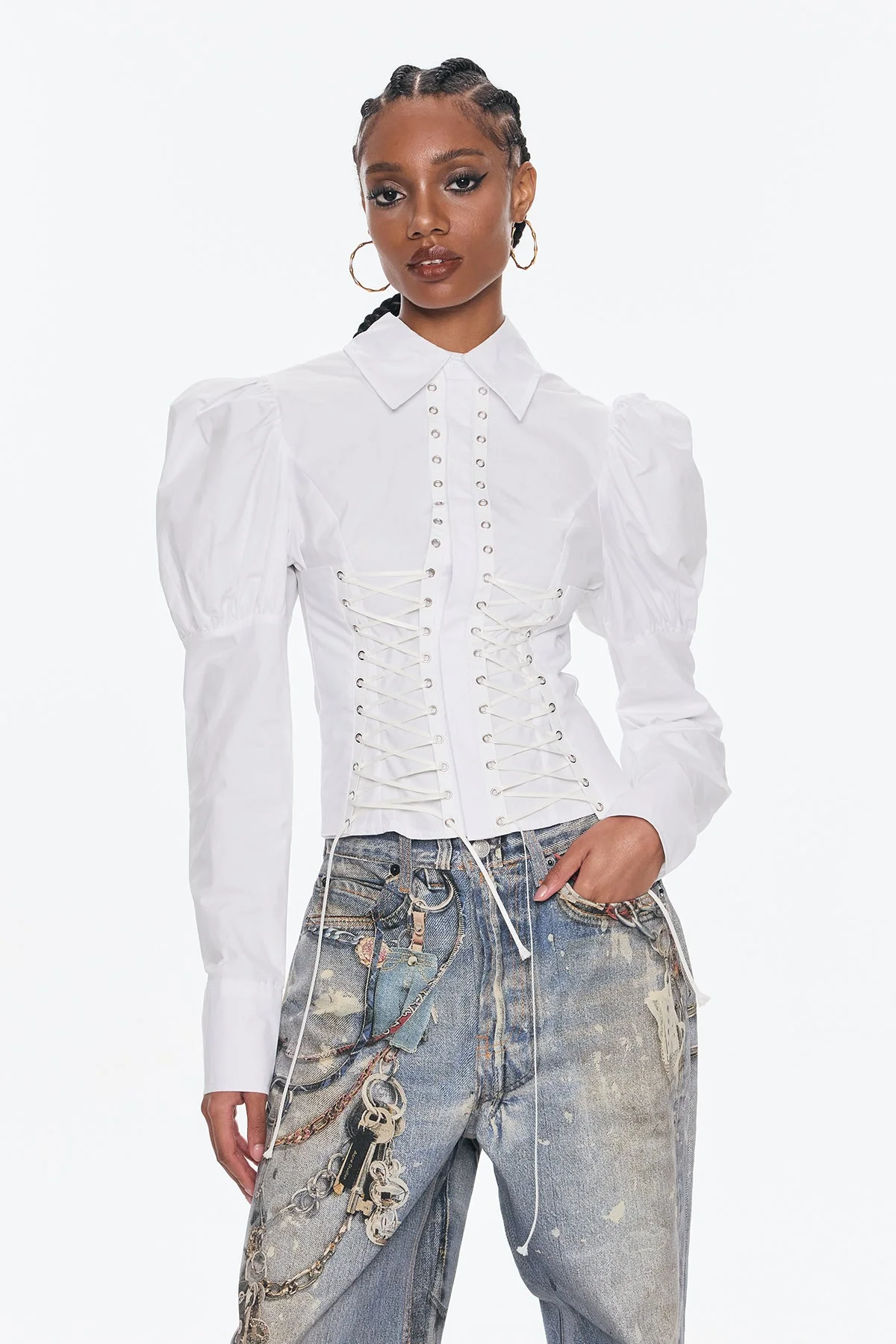 White Lace Up Puff Sleeve Top - Elegant Belvedere Style