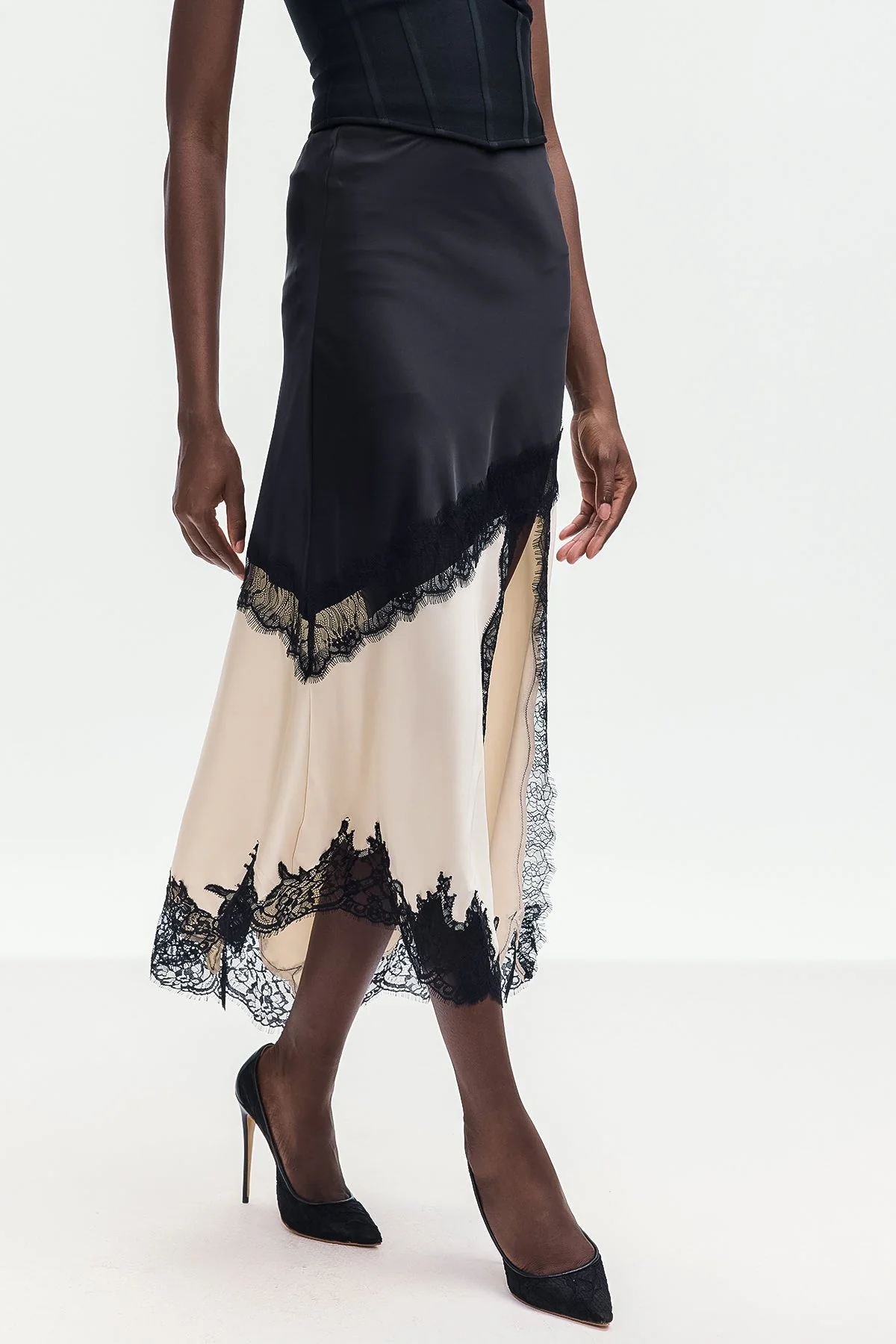 Elegant Black Lace Satin Skirt - Womens Chic Essential