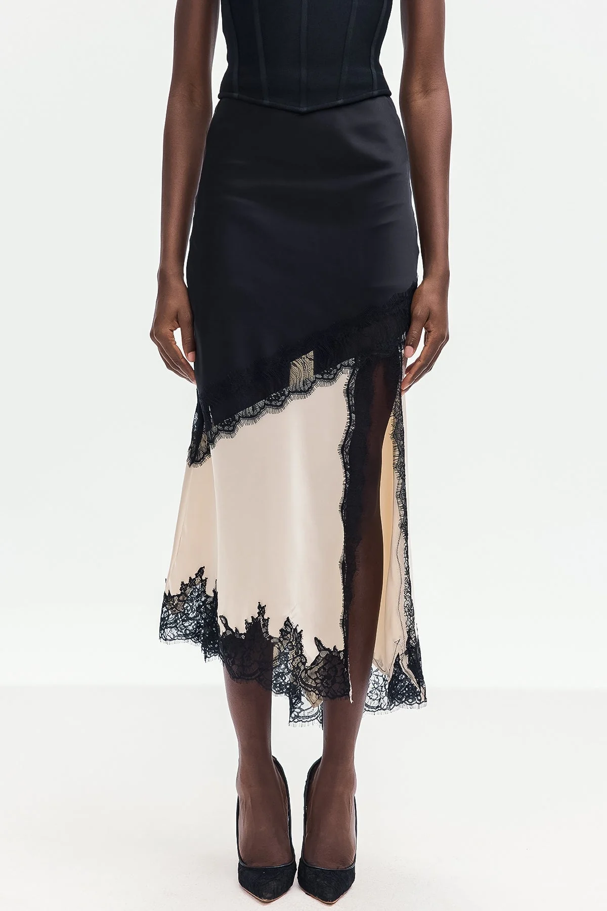 Elegant Black Lace Satin Skirt - Womens Chic Essential