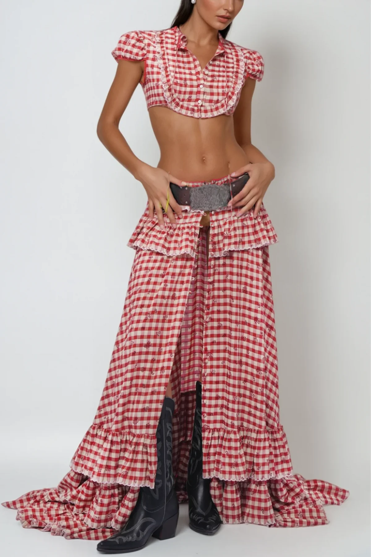 Red Grid Crop Skirt Set Modern Style
