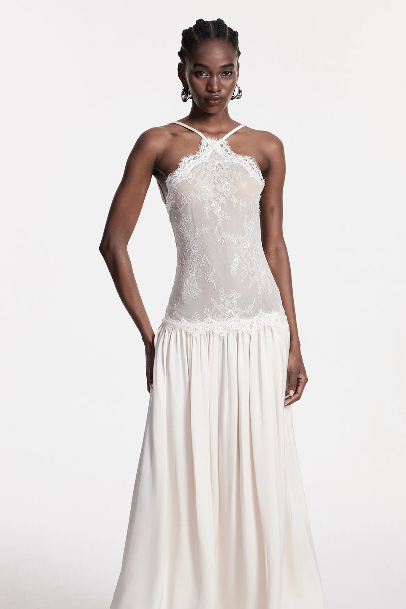 White Floral Lace Maxi Dress with Ruched Design