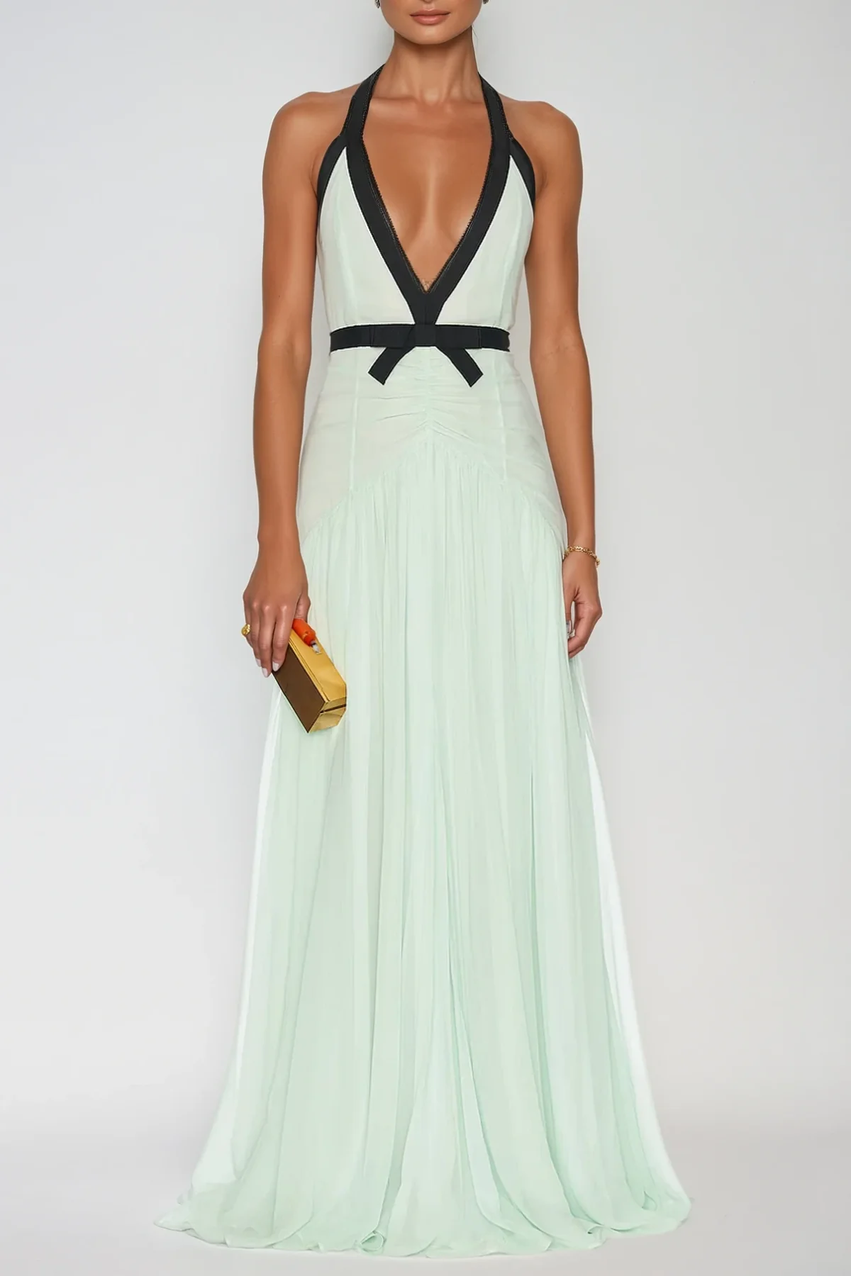 Elegant Mesh Plunge Maxi Dress in Green - Chic Essential