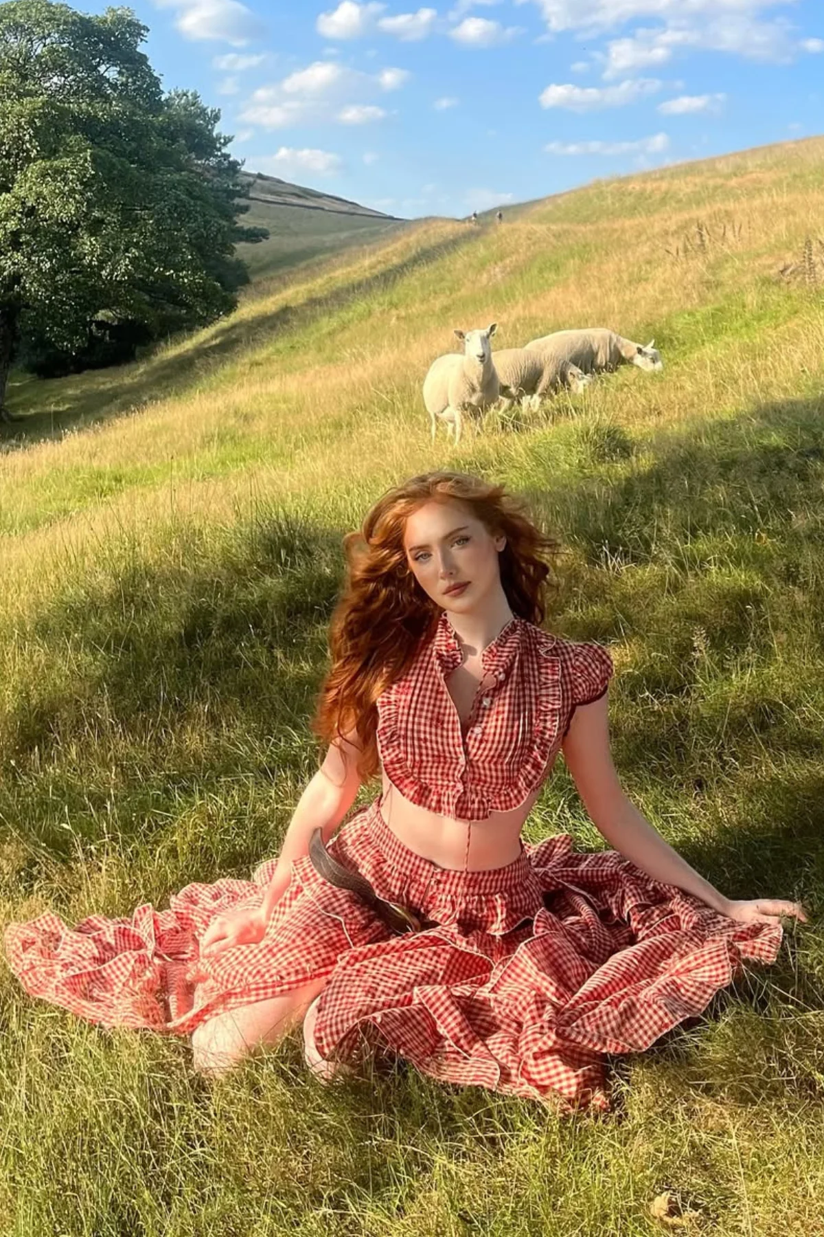 Red Grid Pattern Crop Skirt Set