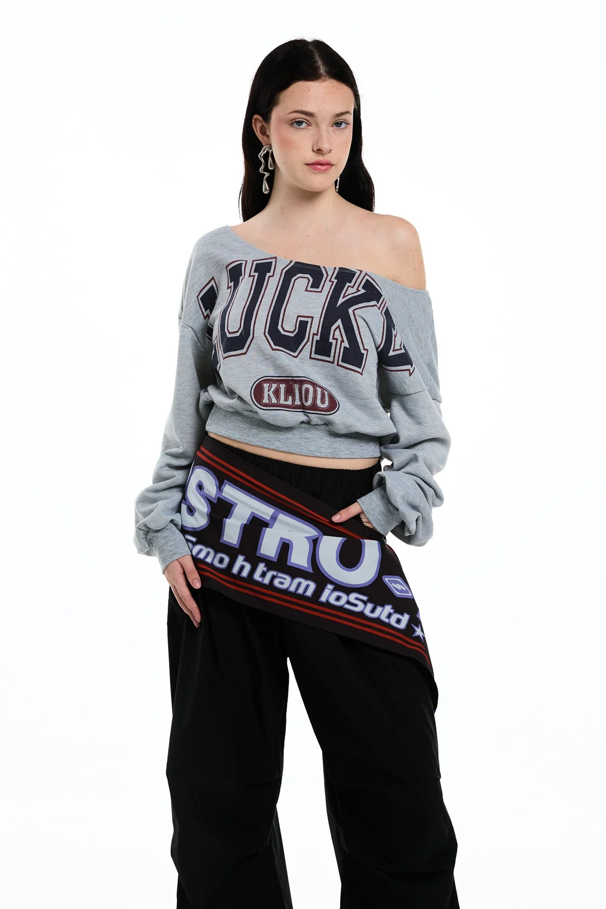 Grey Long Sleeve Graphic Print Crop Top