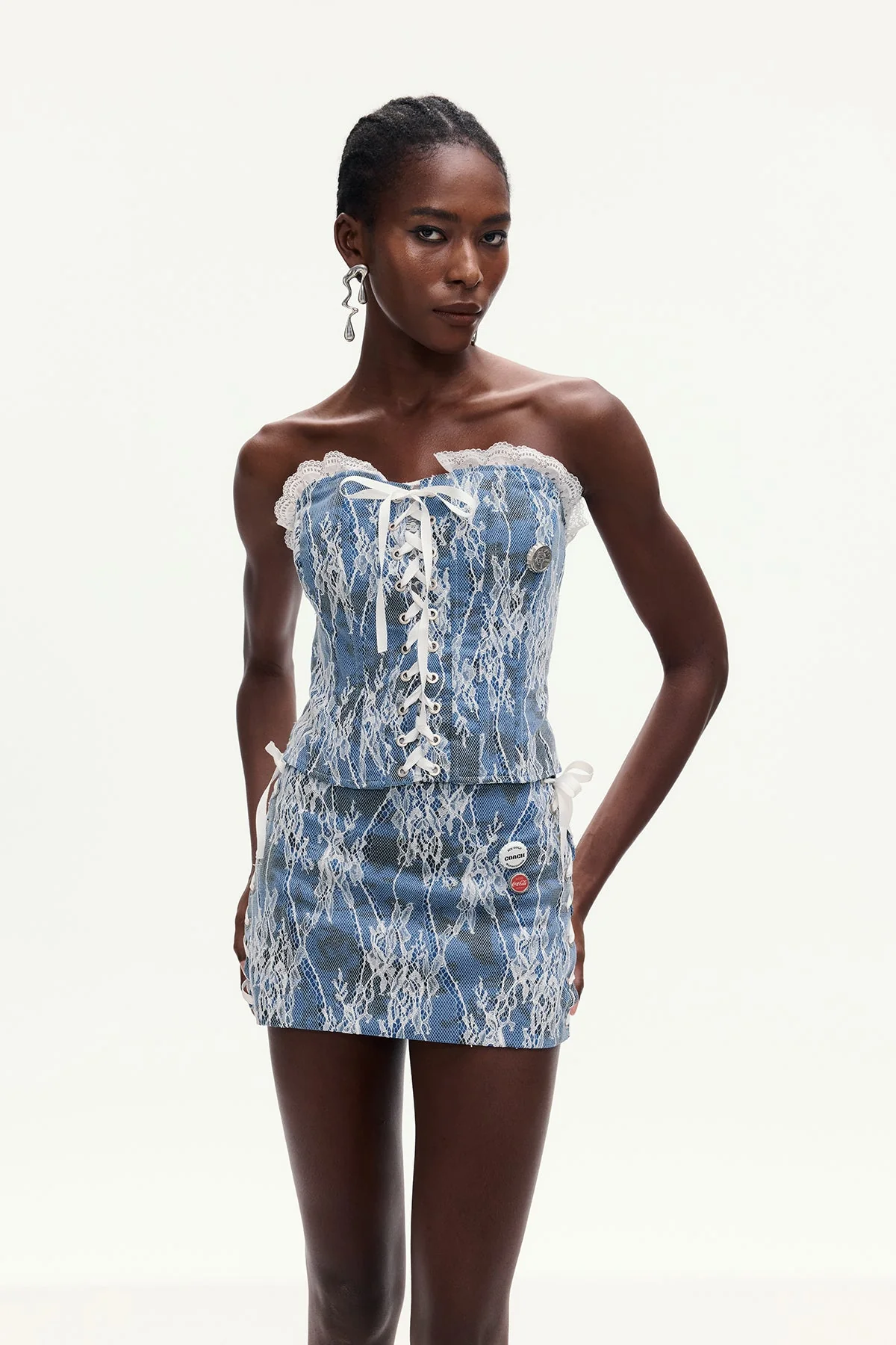 Elegant Lace Denim Skirt Set