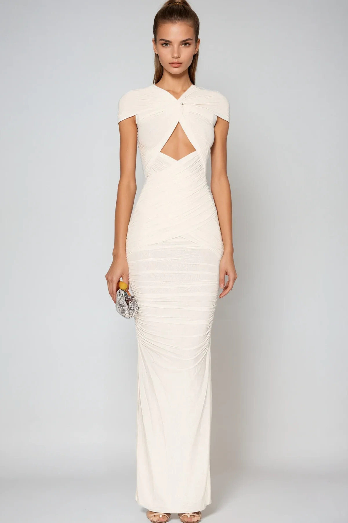 White Ruched Maxi Dress with Cutout Detailing
