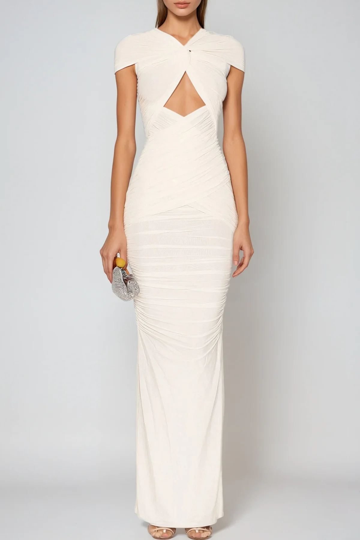 White Ruched Maxi Dress with Cutout Detailing